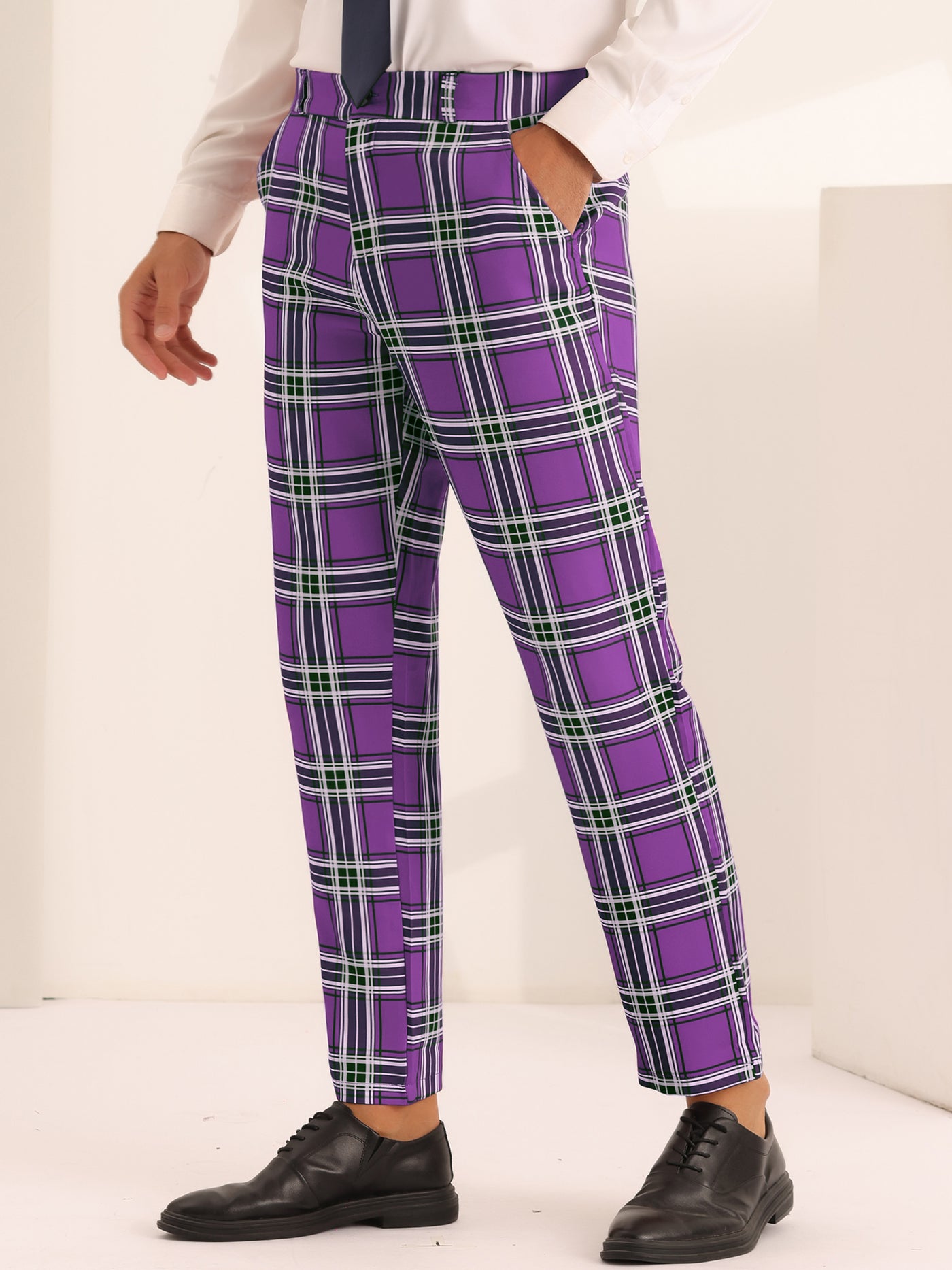 Bublédon Business Plaid Pants for Men's Slim Fit Flat Front Wedding Checked Trousers