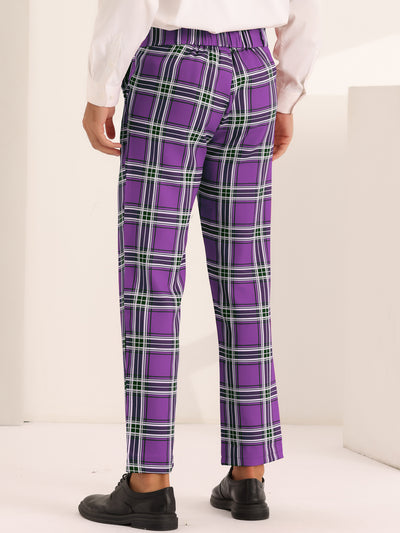 Business Plaid Pants for Men's Slim Fit Flat Front Wedding Checked Trousers