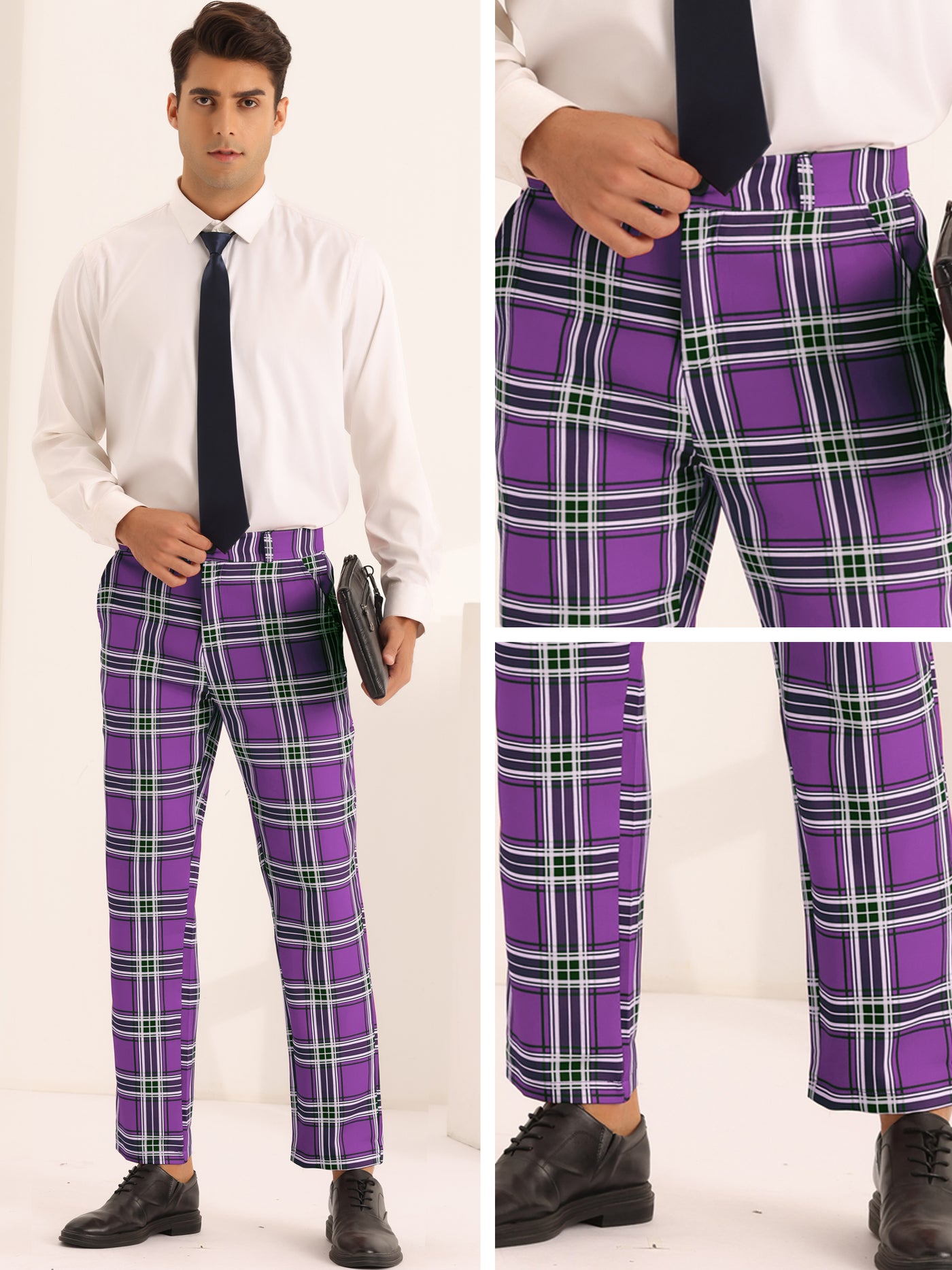 Bublédon Business Plaid Pants for Men's Slim Fit Flat Front Wedding Checked Trousers