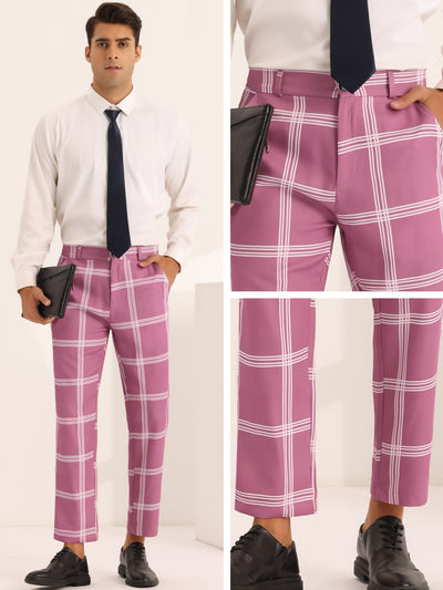 Plaid Trousers for Men's Color Block Slim Fit Flat Front Checked Dress Pants