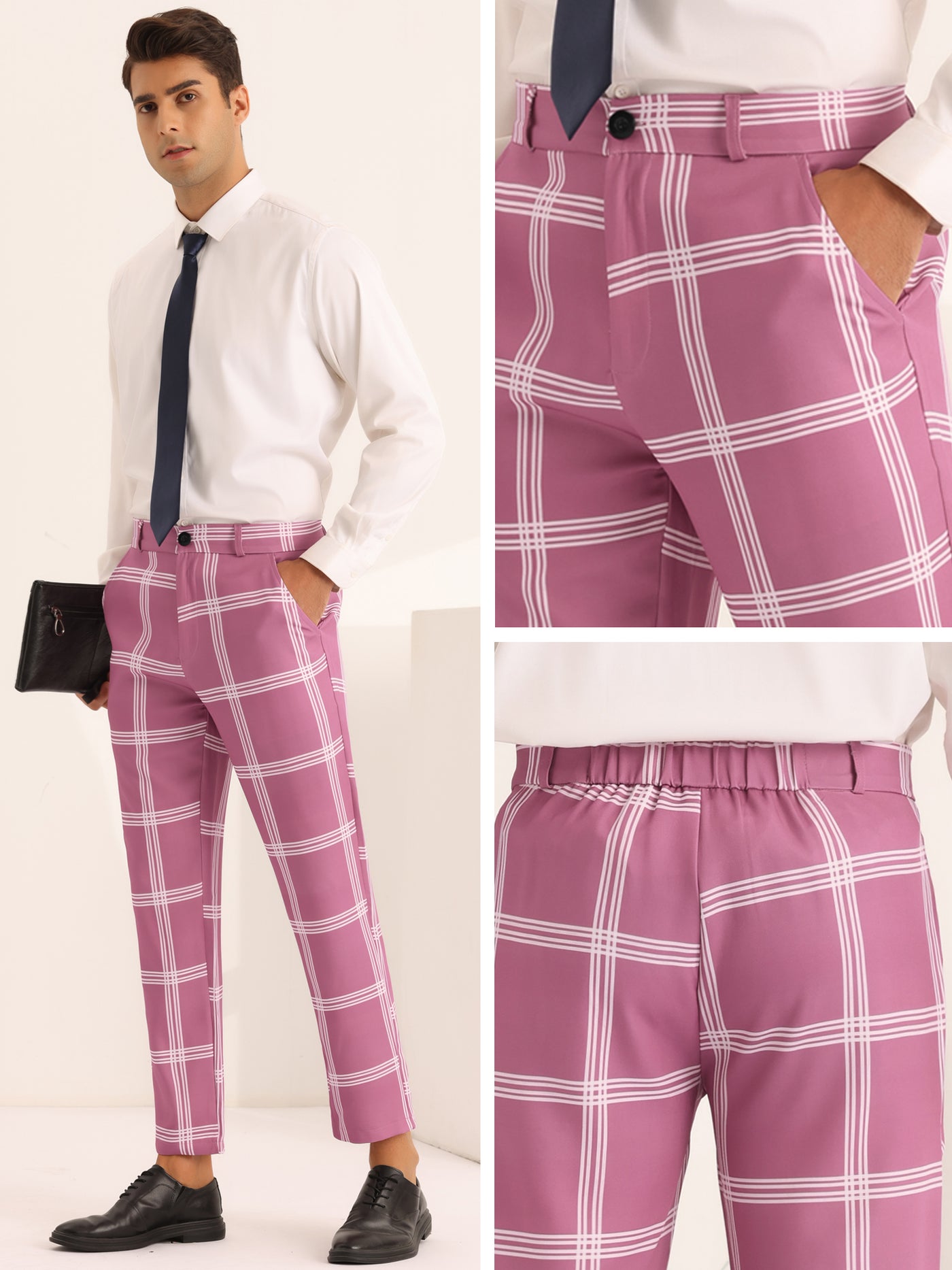 Bublédon Plaid Trousers for Men's Color Block Slim Fit Flat Front Checked Dress Pants