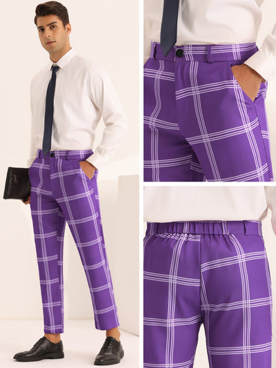 Plaid Trousers for Men's Color Block Slim Fit Flat Front Checked Dress Pants