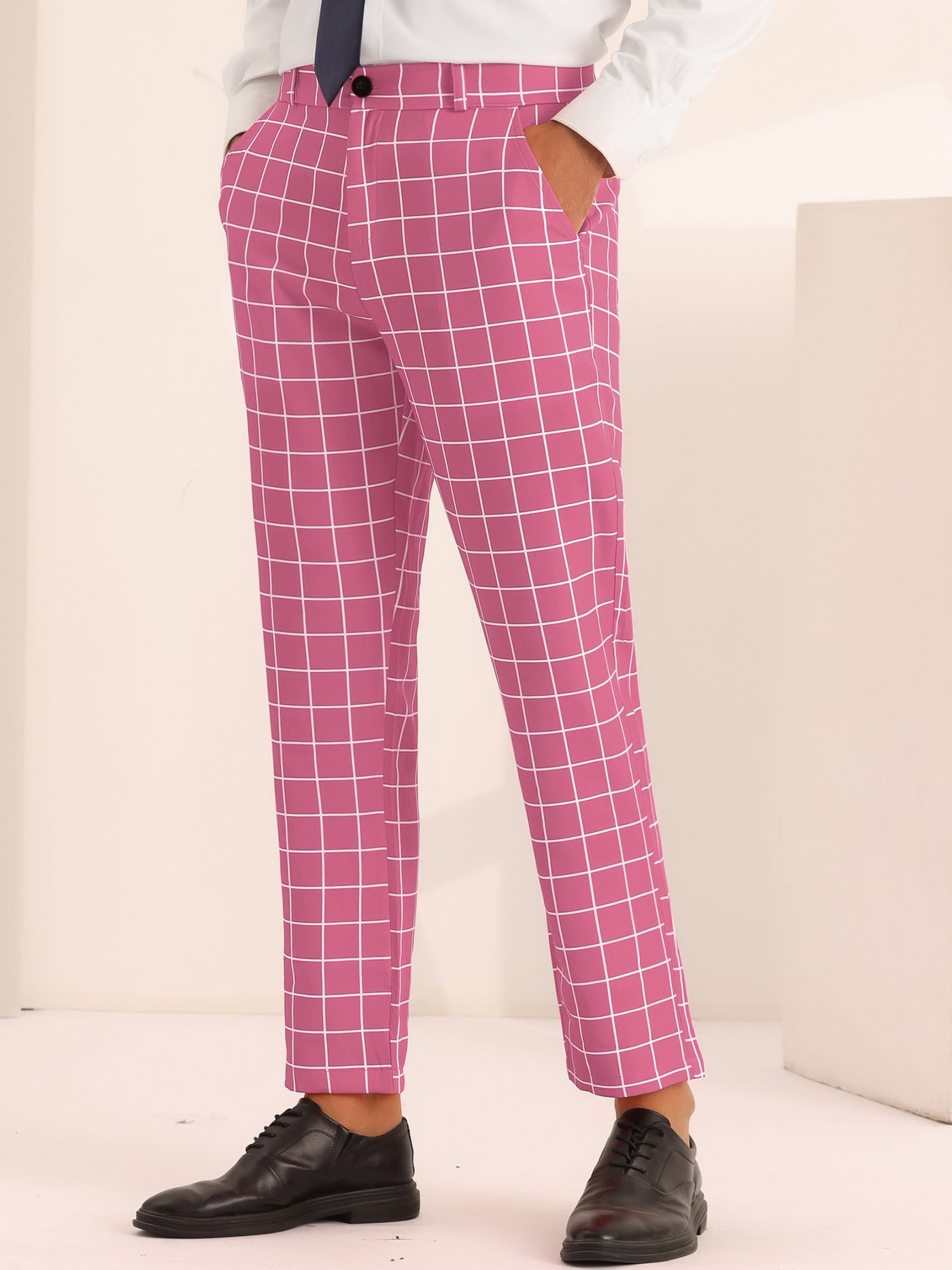 Bublédon Plaid Pants for Men's Flat Front Colorful Checked Printed Dress Trousers