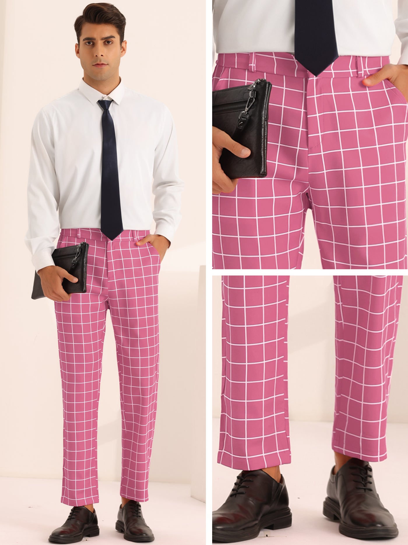 Bublédon Plaid Pants for Men's Flat Front Colorful Checked Printed Dress Trousers