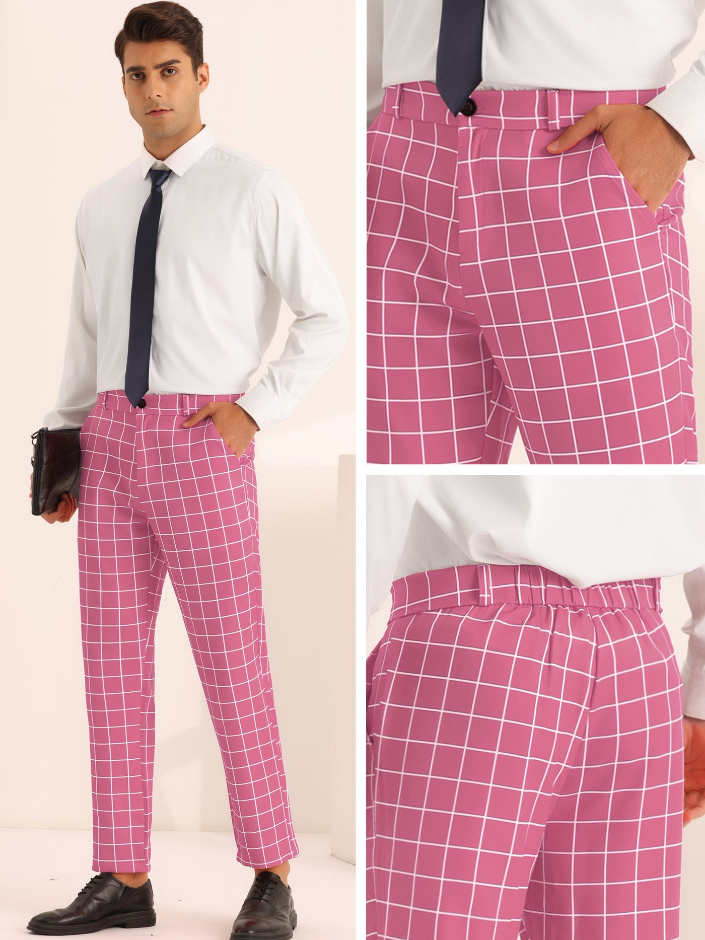 Bublédon Plaid Pants for Men's Flat Front Colorful Checked Printed Dress Trousers