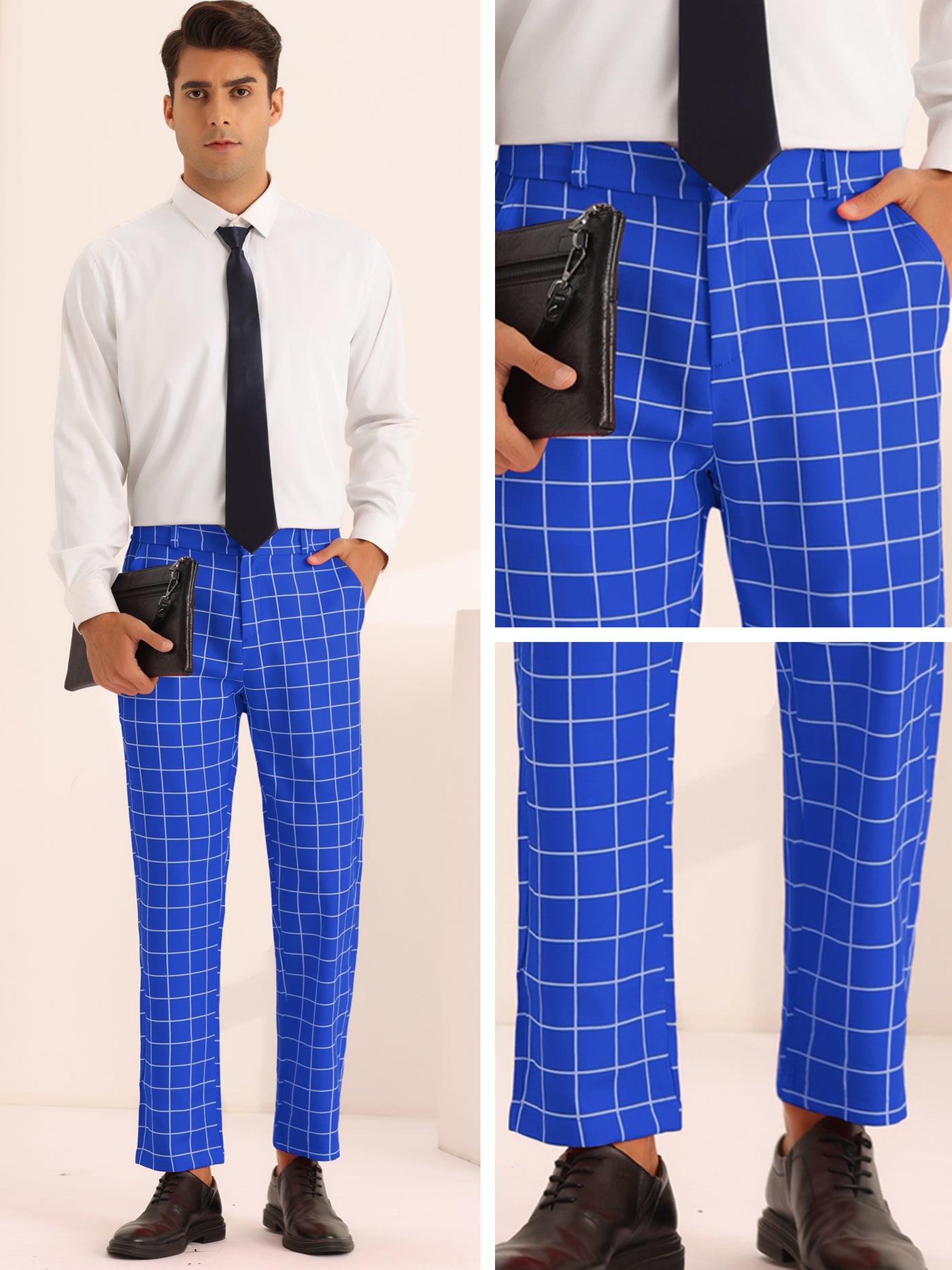 Bublédon Plaid Pants for Men's Flat Front Colorful Checked Printed Dress Trousers