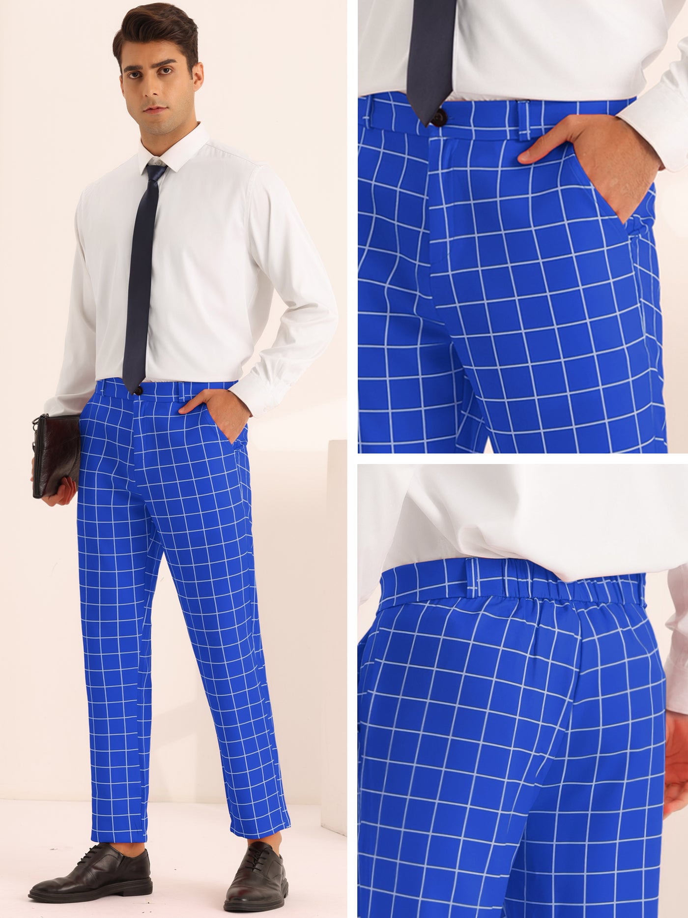 Bublédon Plaid Pants for Men's Flat Front Colorful Checked Printed Dress Trousers