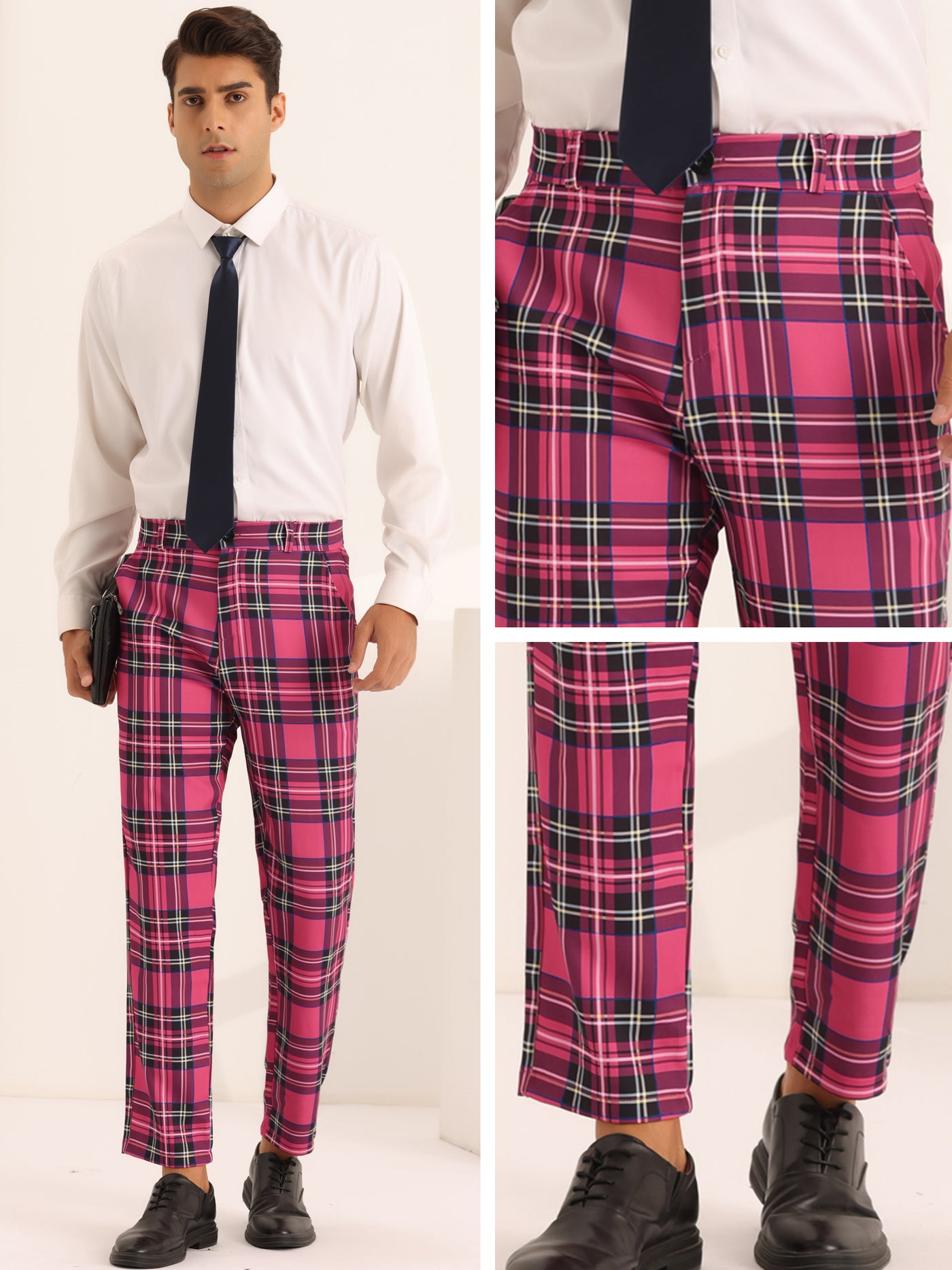 Bublédon Men's Slim Fit Straight Leg Formal Tartan Pattern Pants