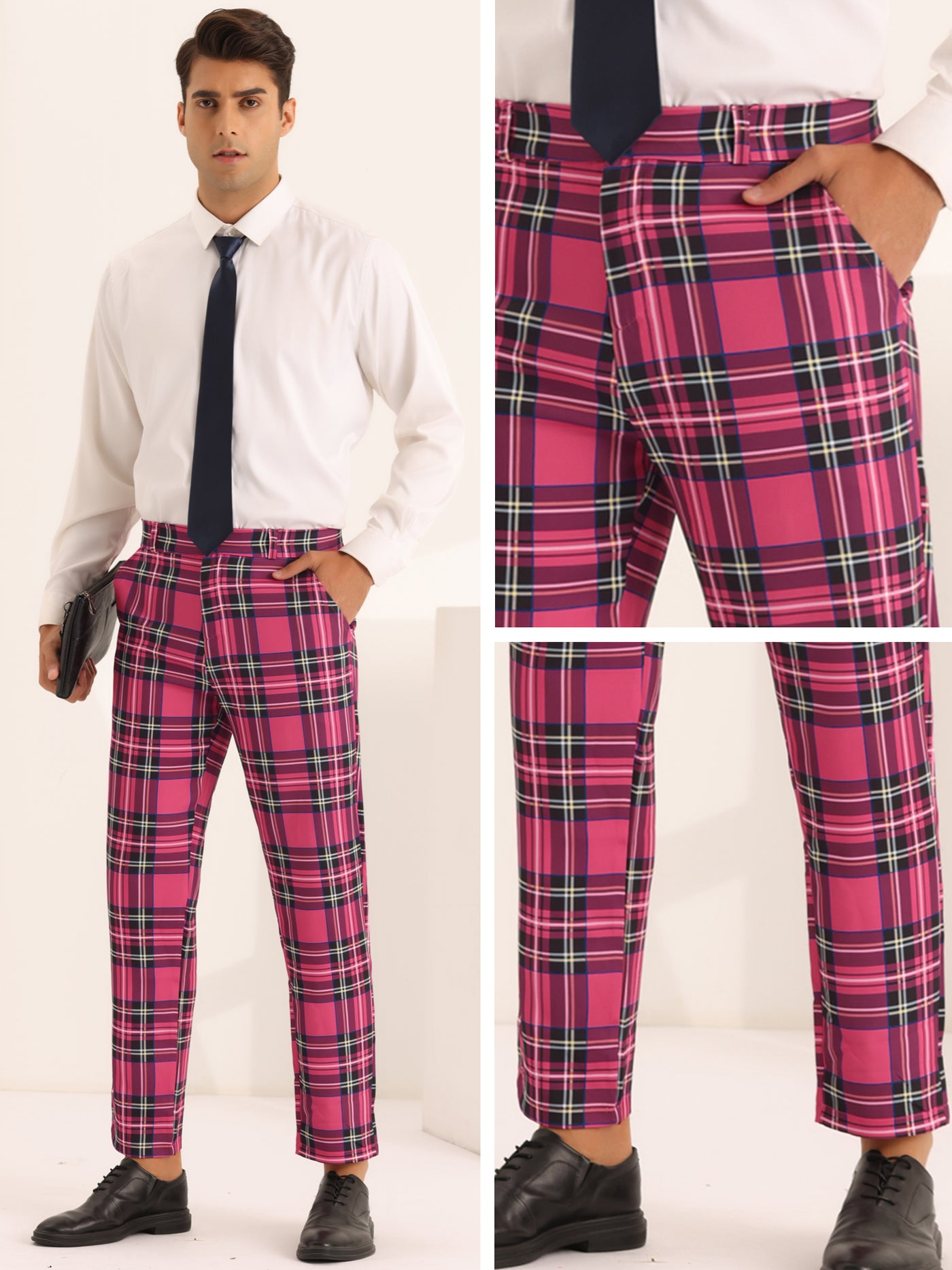 Bublédon Men's Slim Fit Straight Leg Formal Tartan Pattern Pants