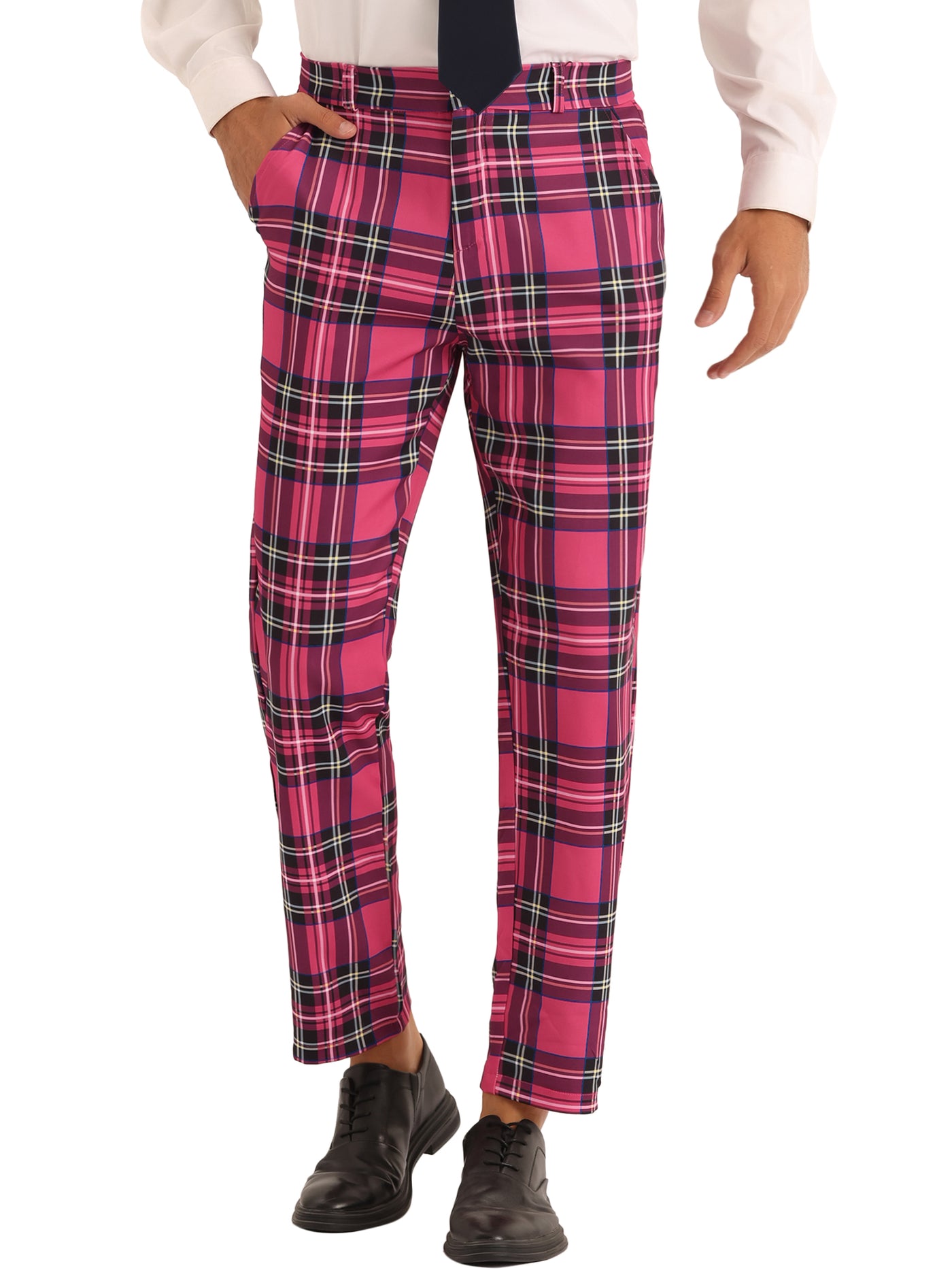 Bublédon Men's Slim Fit Straight Leg Formal Tartan Pattern Pants