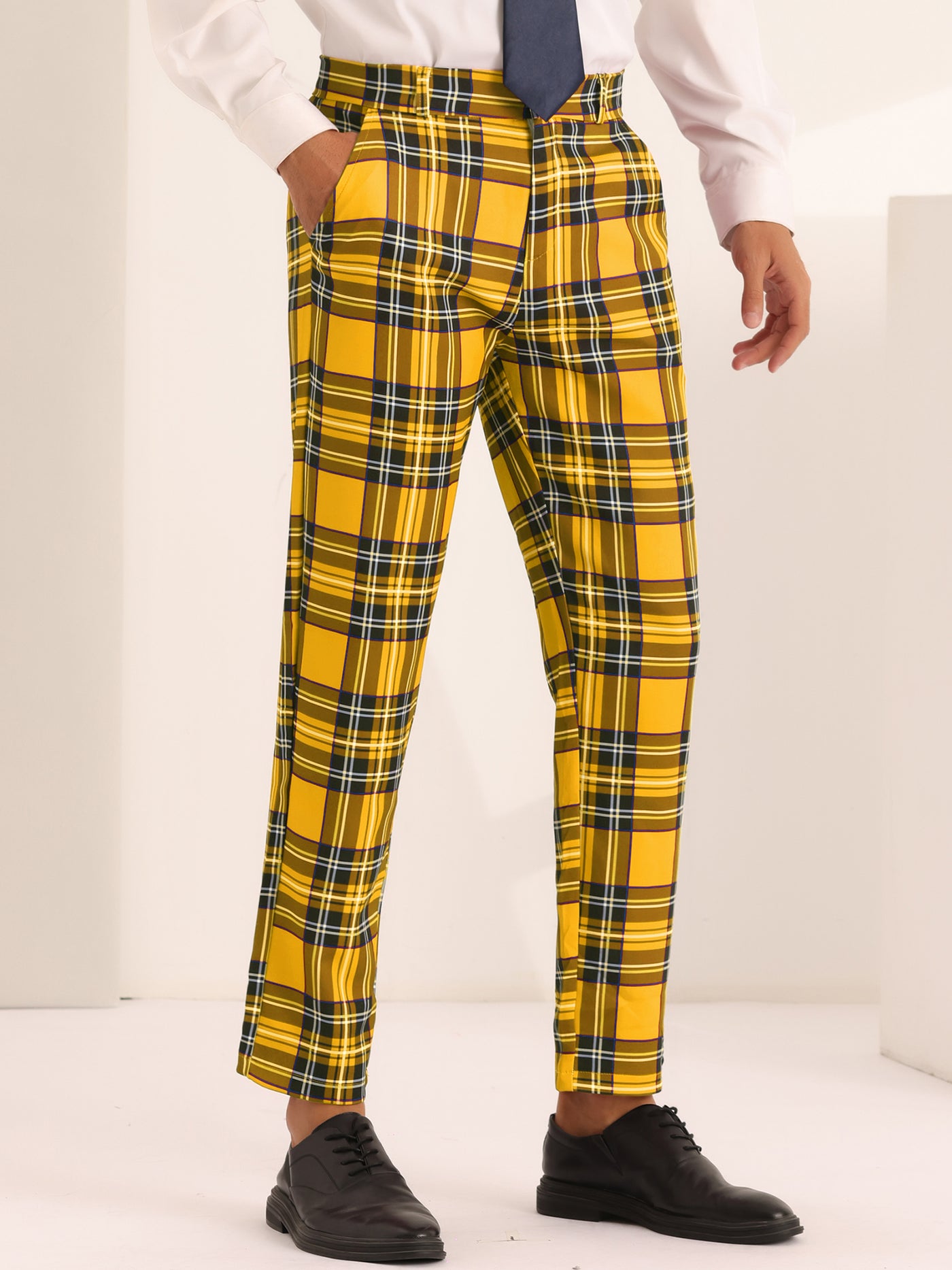 Bublédon Men's Slim Fit Straight Leg Formal Tartan Pattern Pants