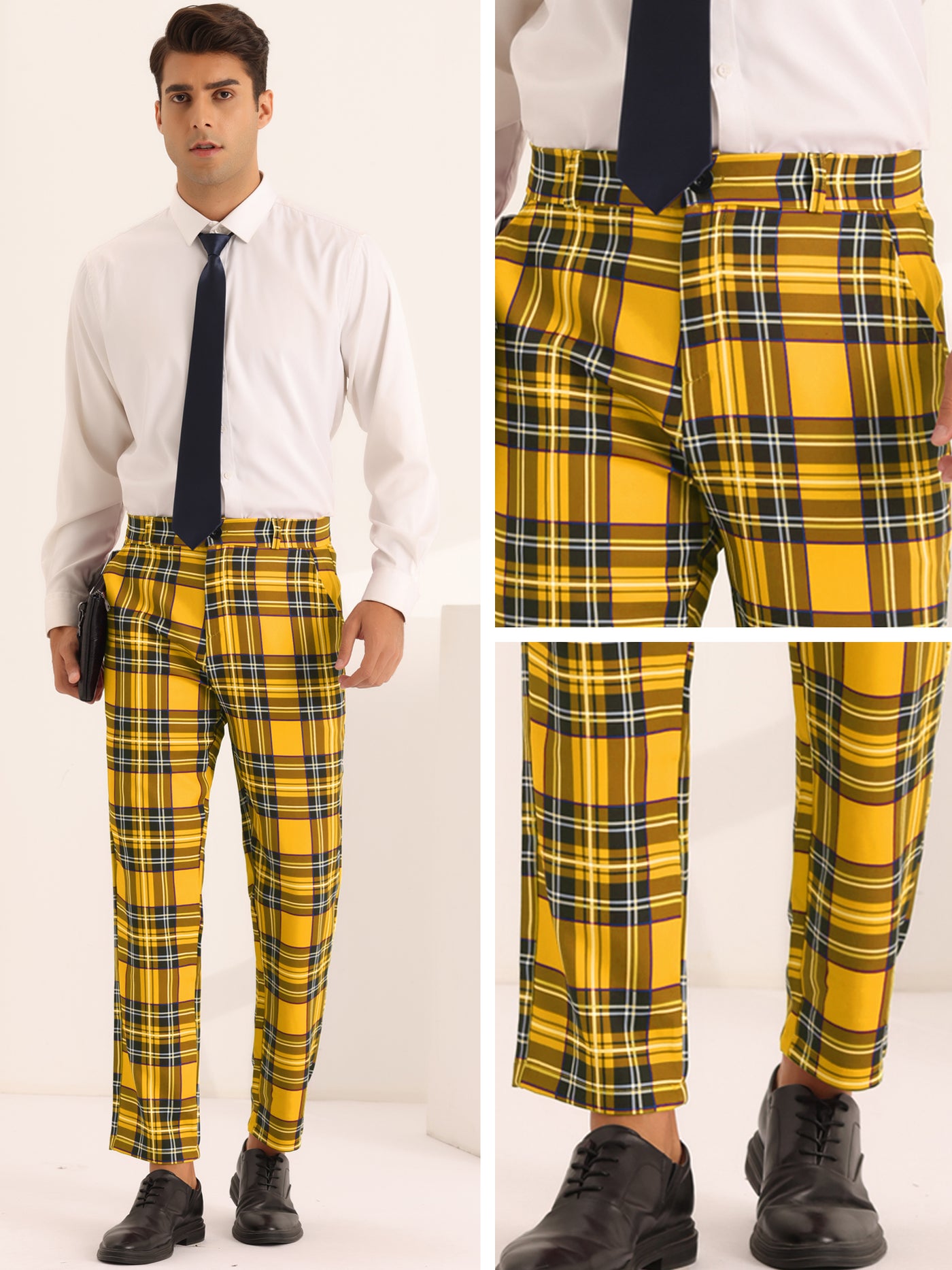 Bublédon Men's Slim Fit Straight Leg Formal Tartan Pattern Pants