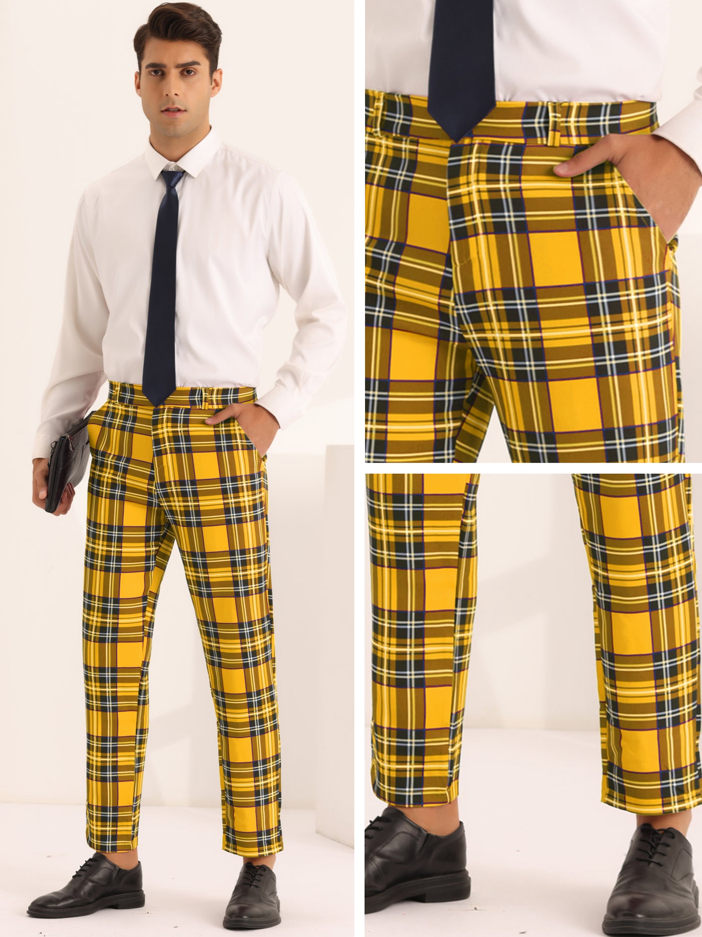 Bublédon Men's Slim Fit Straight Leg Formal Tartan Pattern Pants