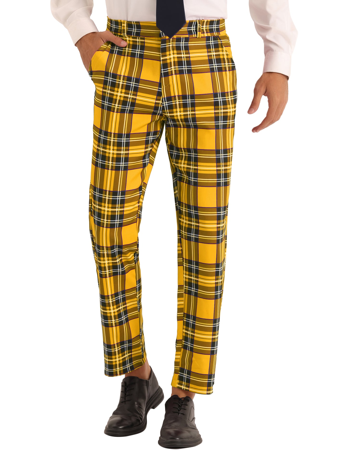 Bublédon Men's Slim Fit Straight Leg Formal Tartan Pattern Pants