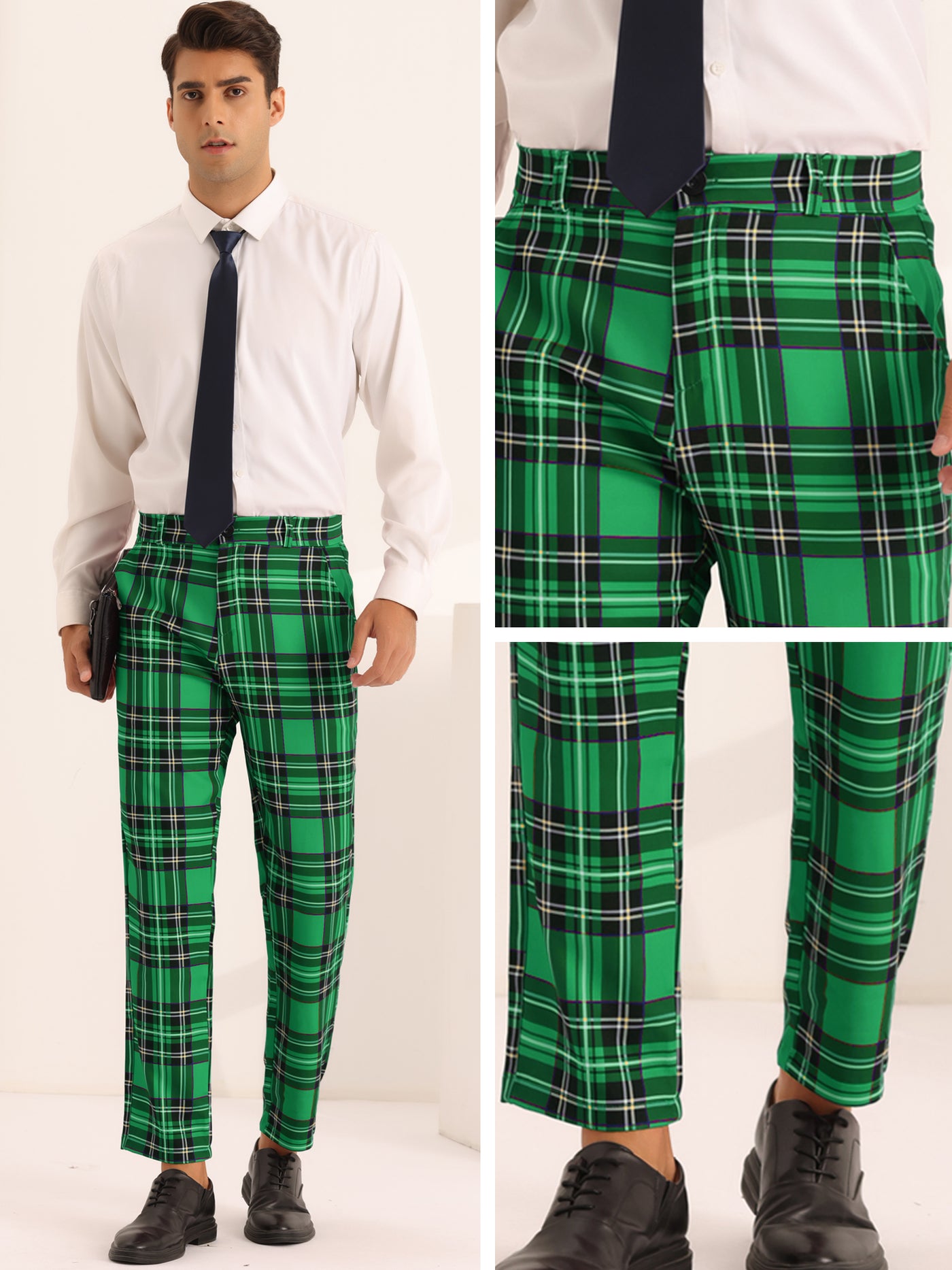 Bublédon Men's Slim Fit Straight Leg Formal Tartan Pattern Pants