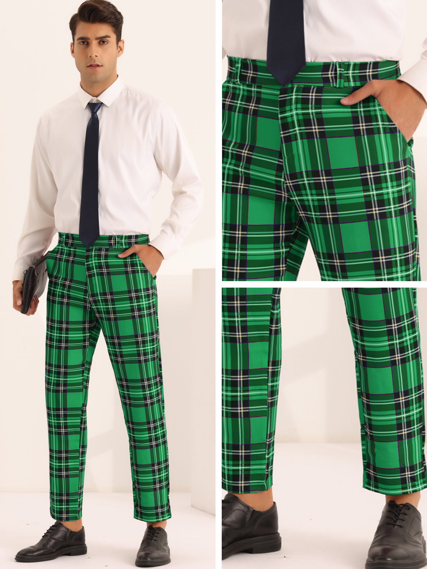 Bublédon Men's Slim Fit Straight Leg Formal Tartan Pattern Pants