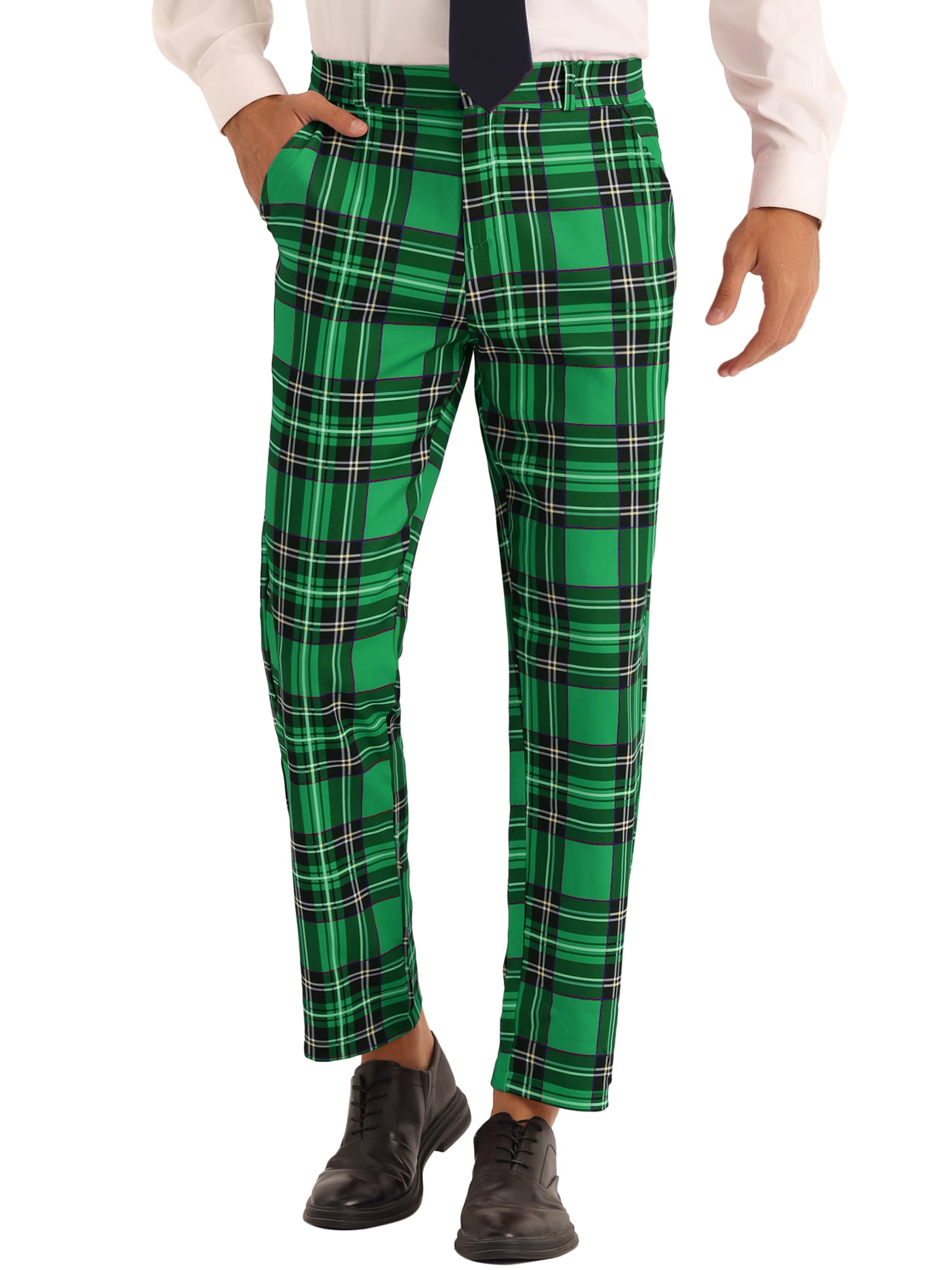 Bublédon Men's Slim Fit Straight Leg Formal Tartan Pattern Pants