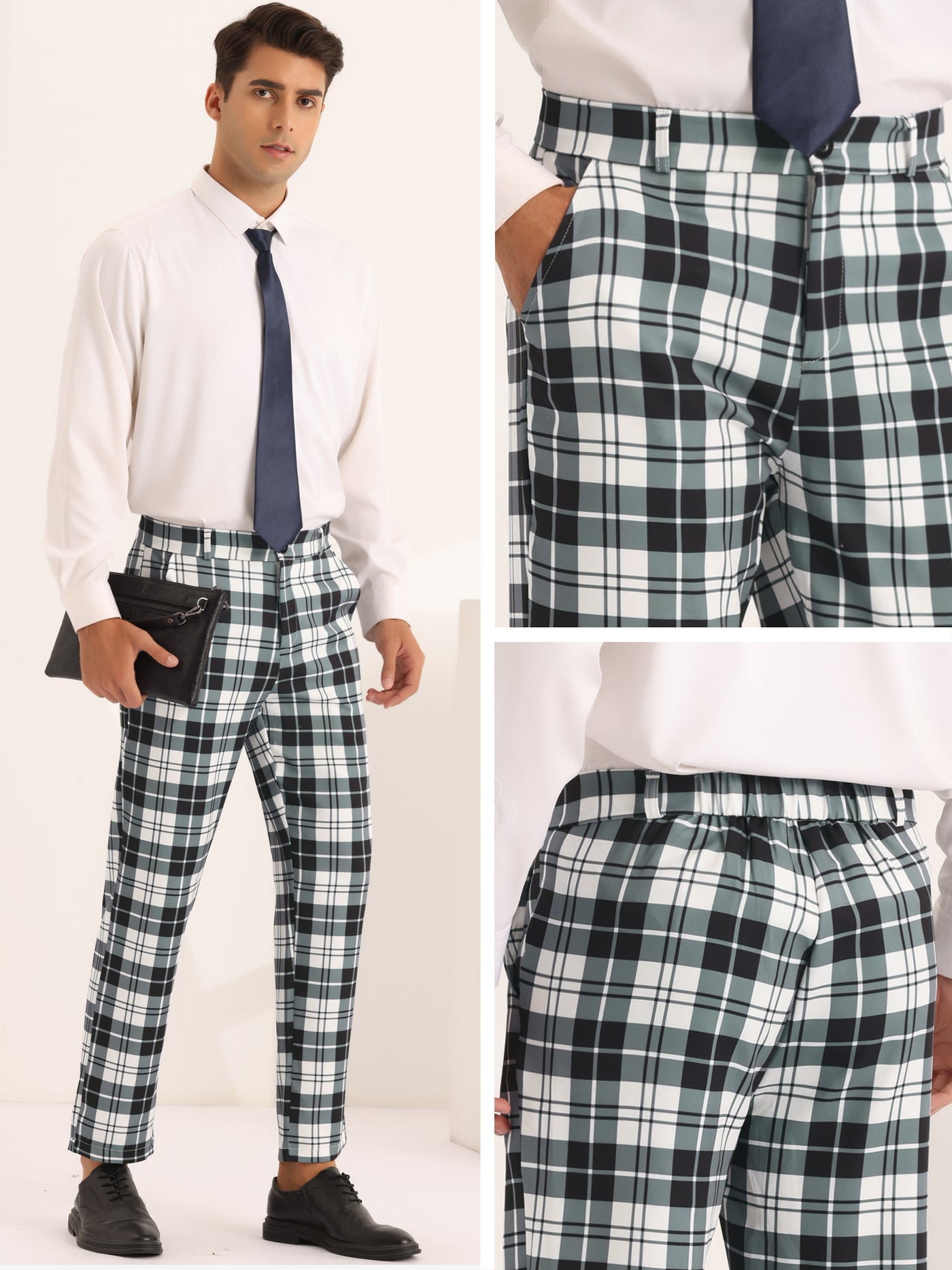 Bublédon Plaid Dress Pants for Men's Slim Fit Flat Front Business Checked Suit Trousers