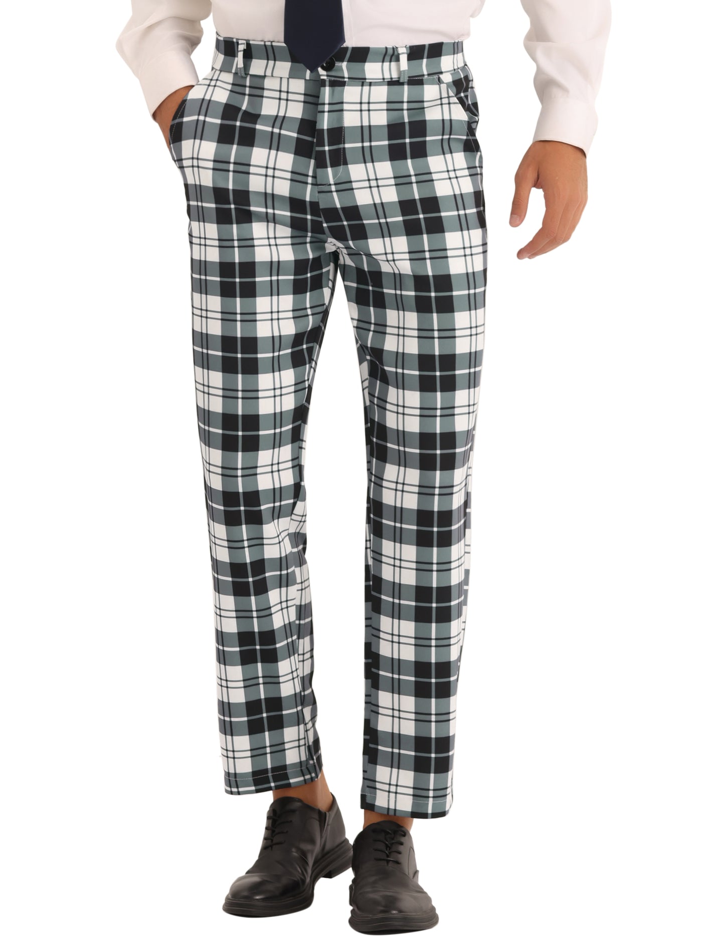 Bublédon Plaid Dress Pants for Men's Slim Fit Flat Front Business Checked Suit Trousers