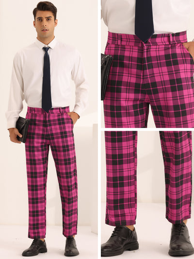 Plaid Dress Pants for Men's Slim Fit Flat Front Business Checked Suit Trousers