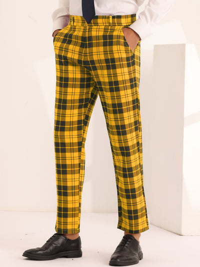 Plaid Dress Pants for Men's Slim Fit Flat Front Business Checked Suit Trousers