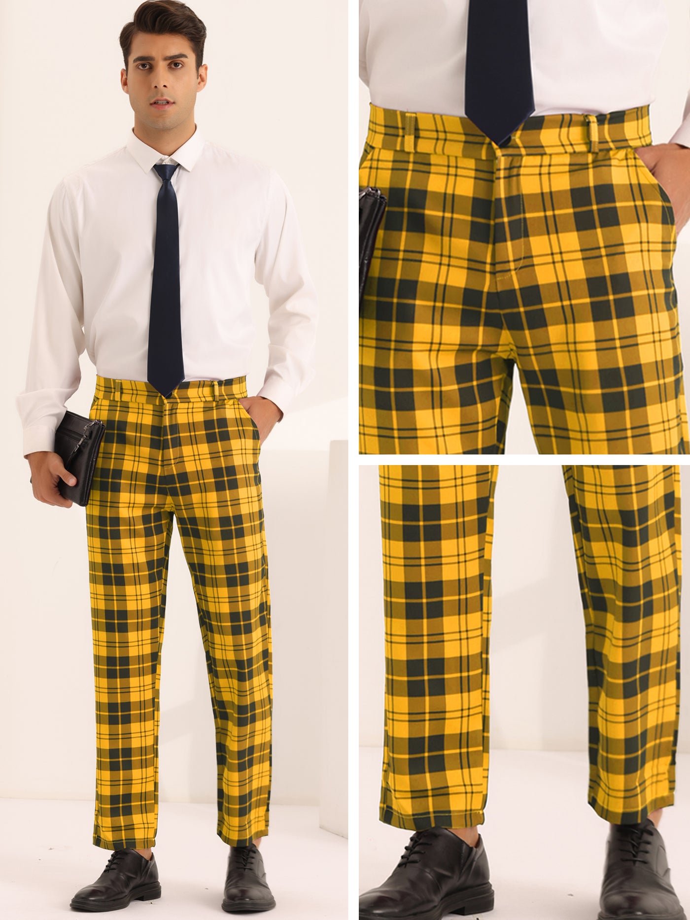 Bublédon Plaid Dress Pants for Men's Slim Fit Flat Front Business Checked Suit Trousers