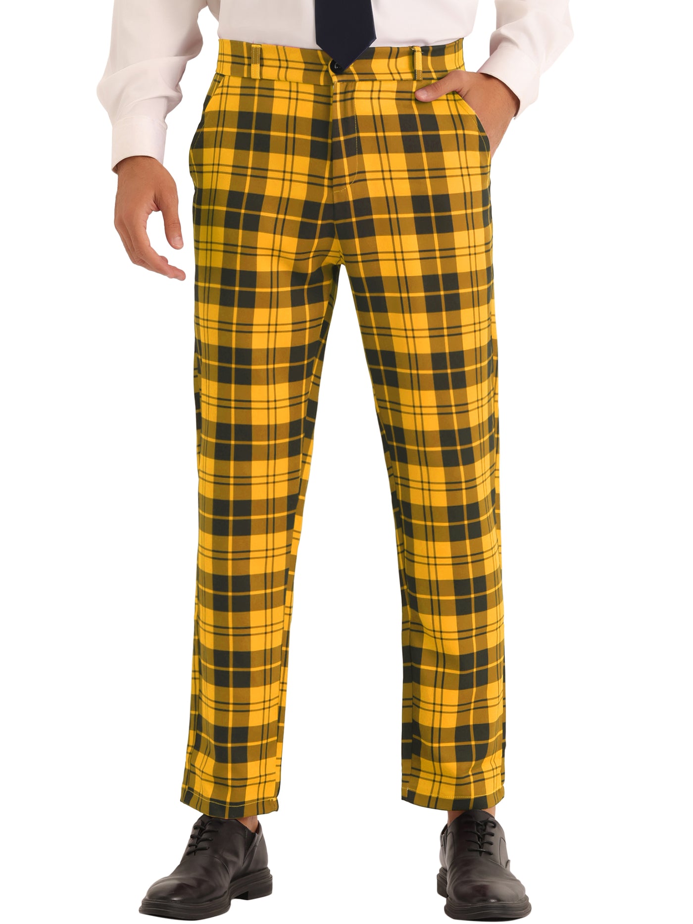 Bublédon Plaid Dress Pants for Men's Slim Fit Flat Front Business Checked Suit Trousers