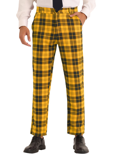 Plaid Dress Pants for Men's Slim Fit Flat Front Business Checked Suit Trousers