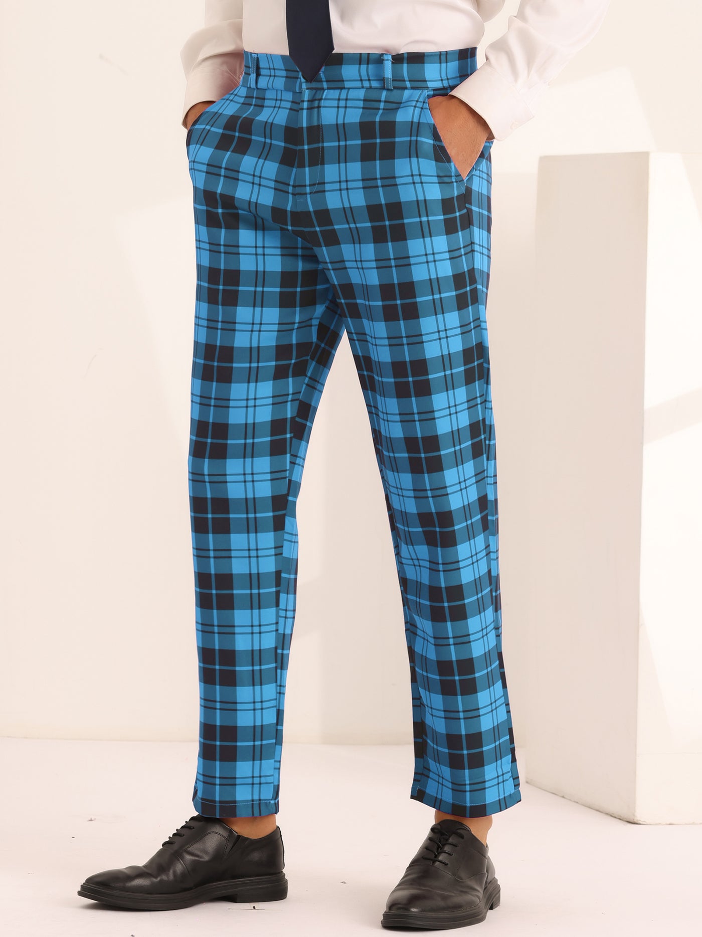 Bublédon Plaid Dress Pants for Men's Slim Fit Flat Front Business Checked Suit Trousers