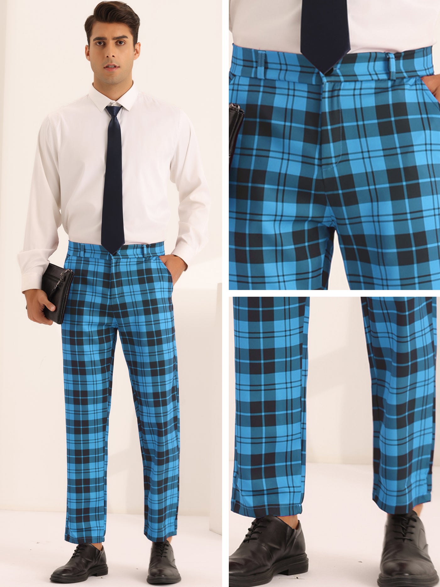 Bublédon Plaid Dress Pants for Men's Slim Fit Flat Front Business Checked Suit Trousers