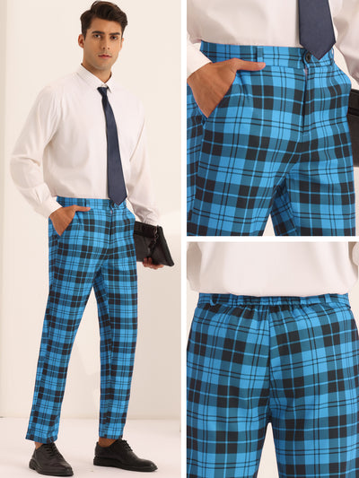 Plaid Dress Pants for Men's Slim Fit Flat Front Business Checked Suit Trousers