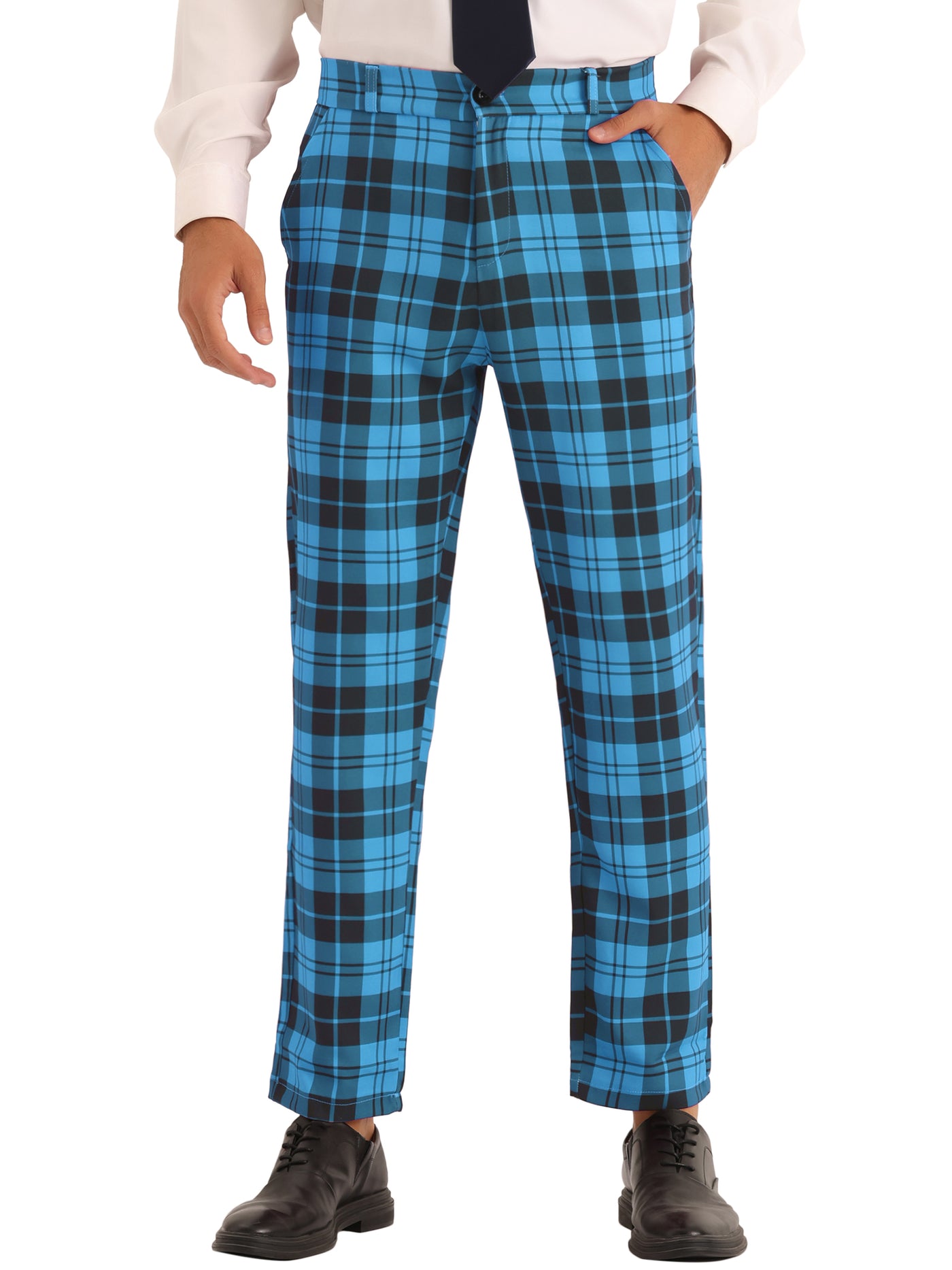 Bublédon Plaid Dress Pants for Men's Slim Fit Flat Front Business Checked Suit Trousers