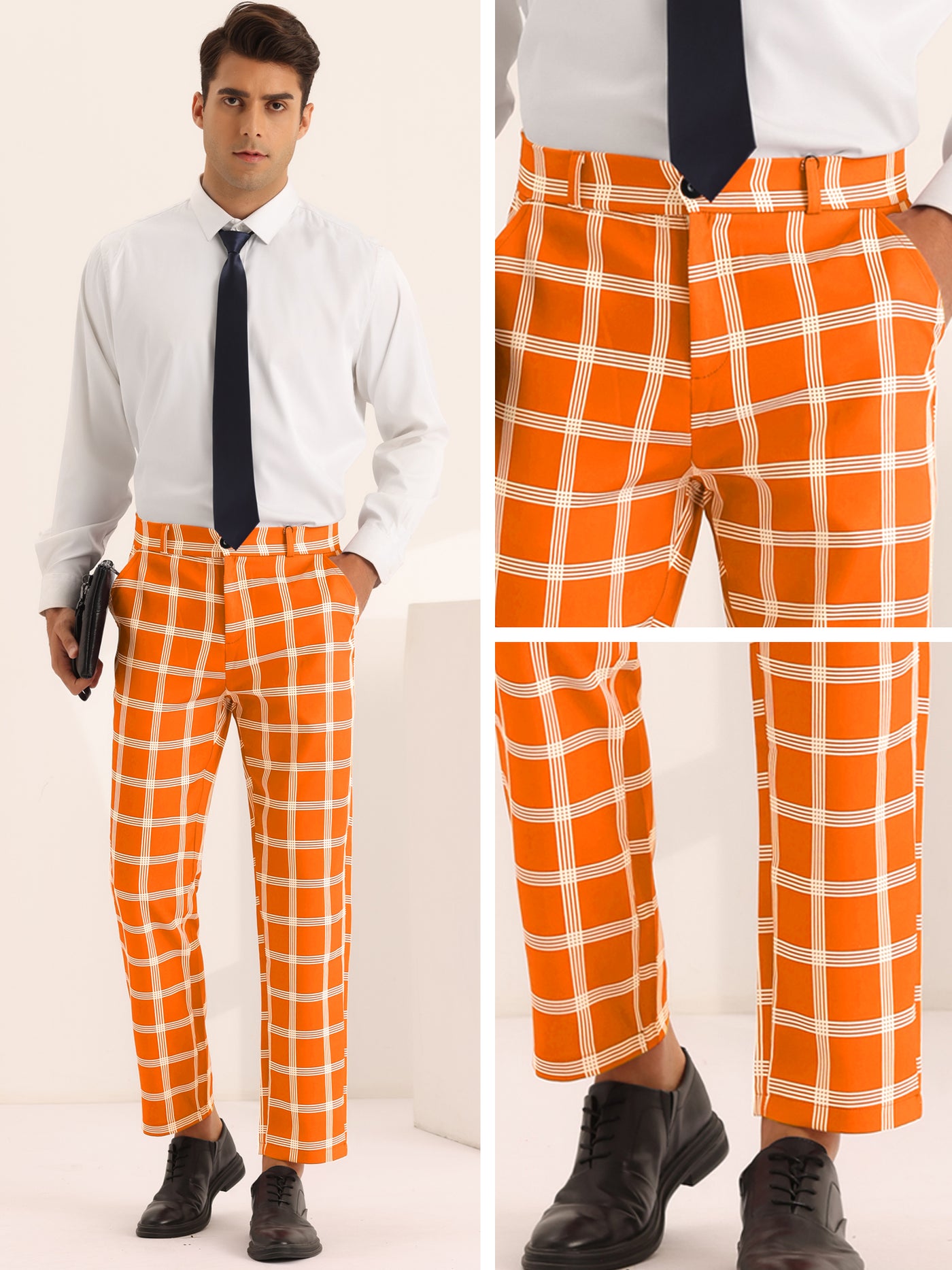 Bublédon Plaid Pattern Pants for Men's Slim Fit Flat Front Work Office Checked Trousers