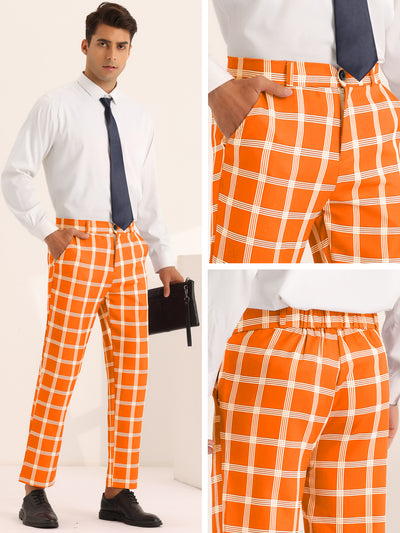 Plaid Pattern Pants for Men's Slim Fit Flat Front Work Office Checked Trousers