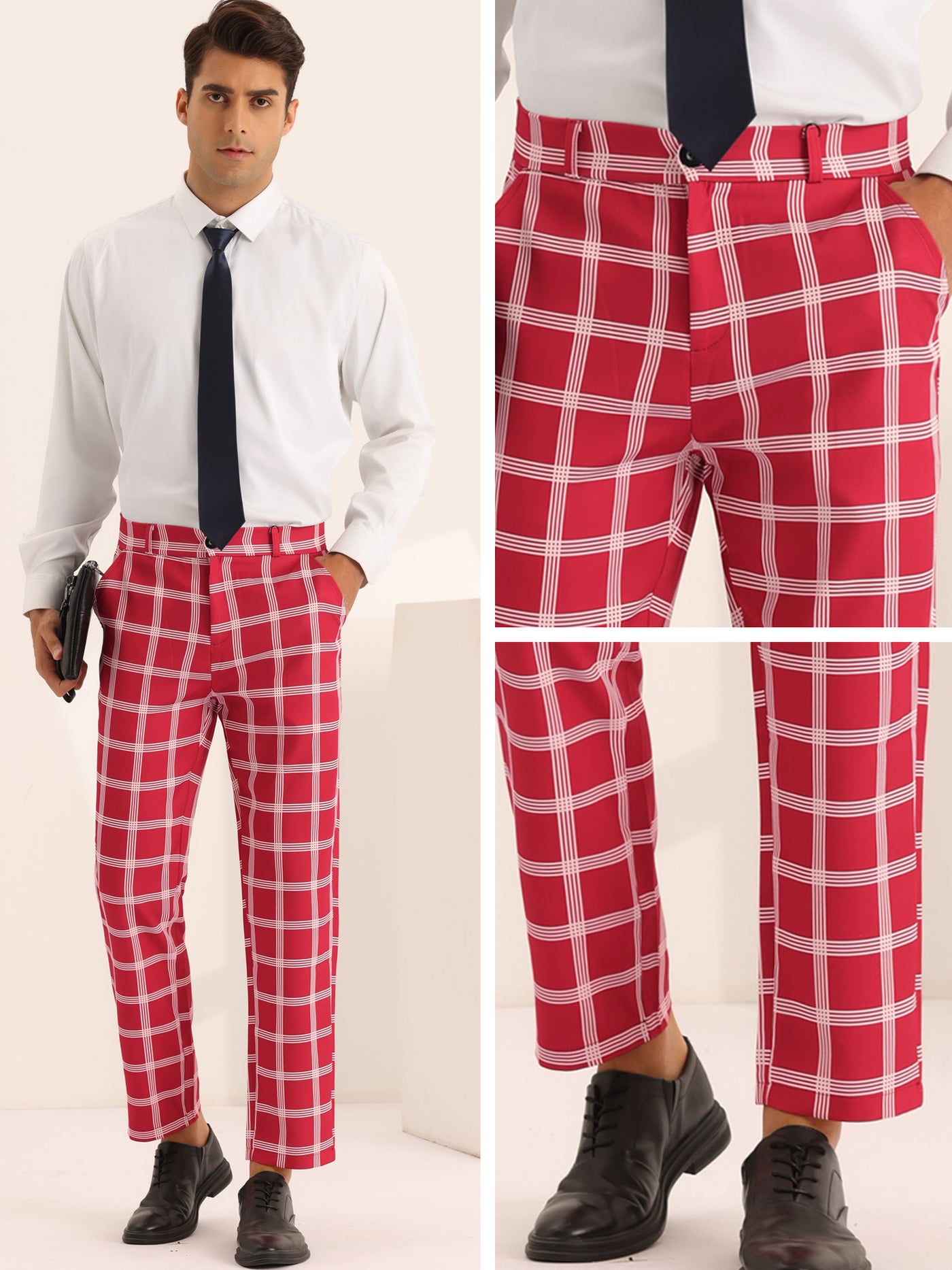 Bublédon Plaid Pattern Pants for Men's Slim Fit Flat Front Work Office Checked Trousers