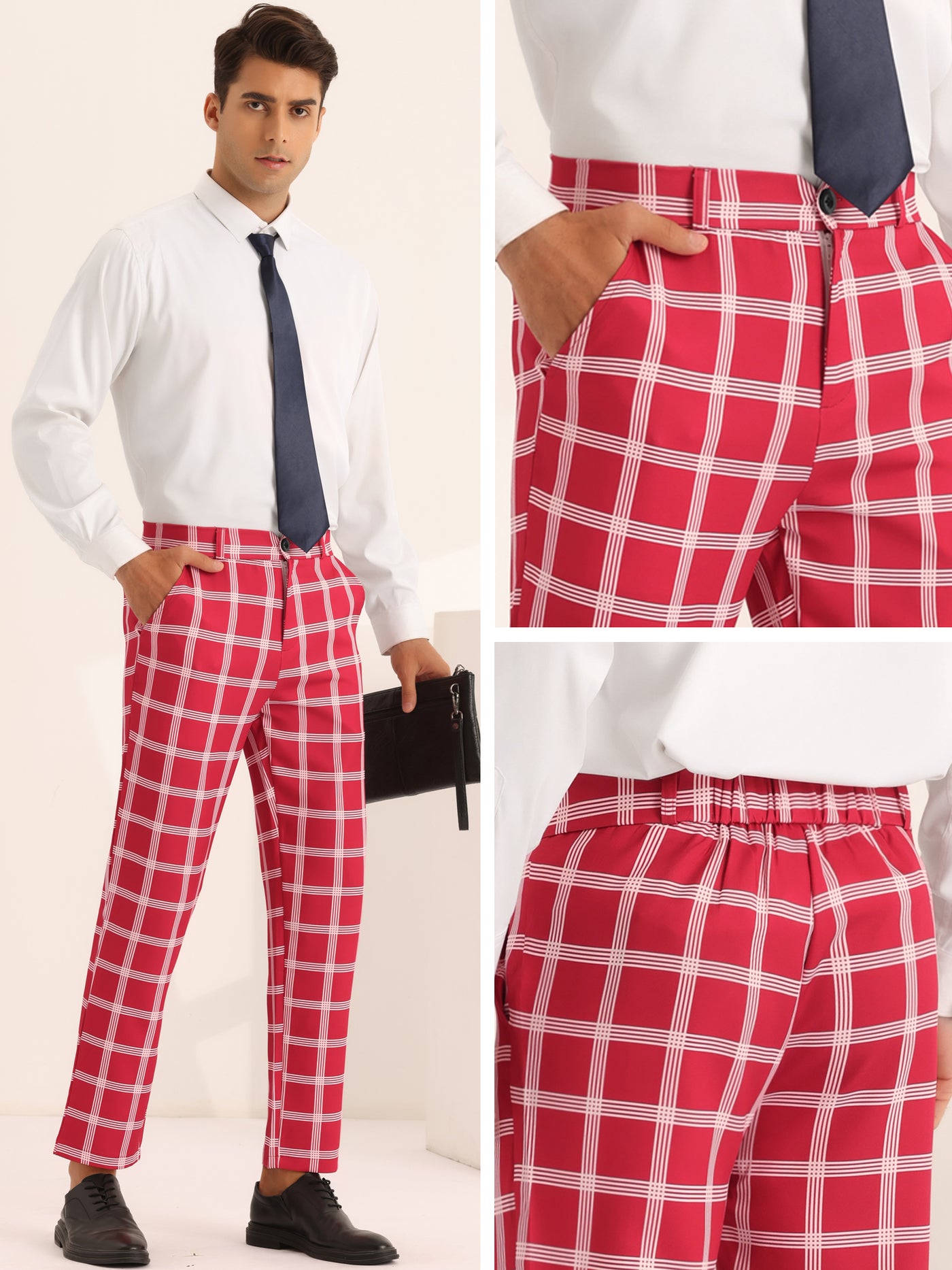 Bublédon Plaid Pattern Pants for Men's Slim Fit Flat Front Work Office Checked Trousers