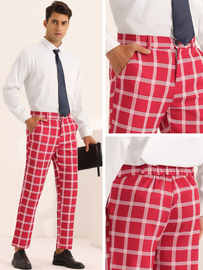 Plaid Pattern Pants for Men's Slim Fit Flat Front Work Office Checked Trousers