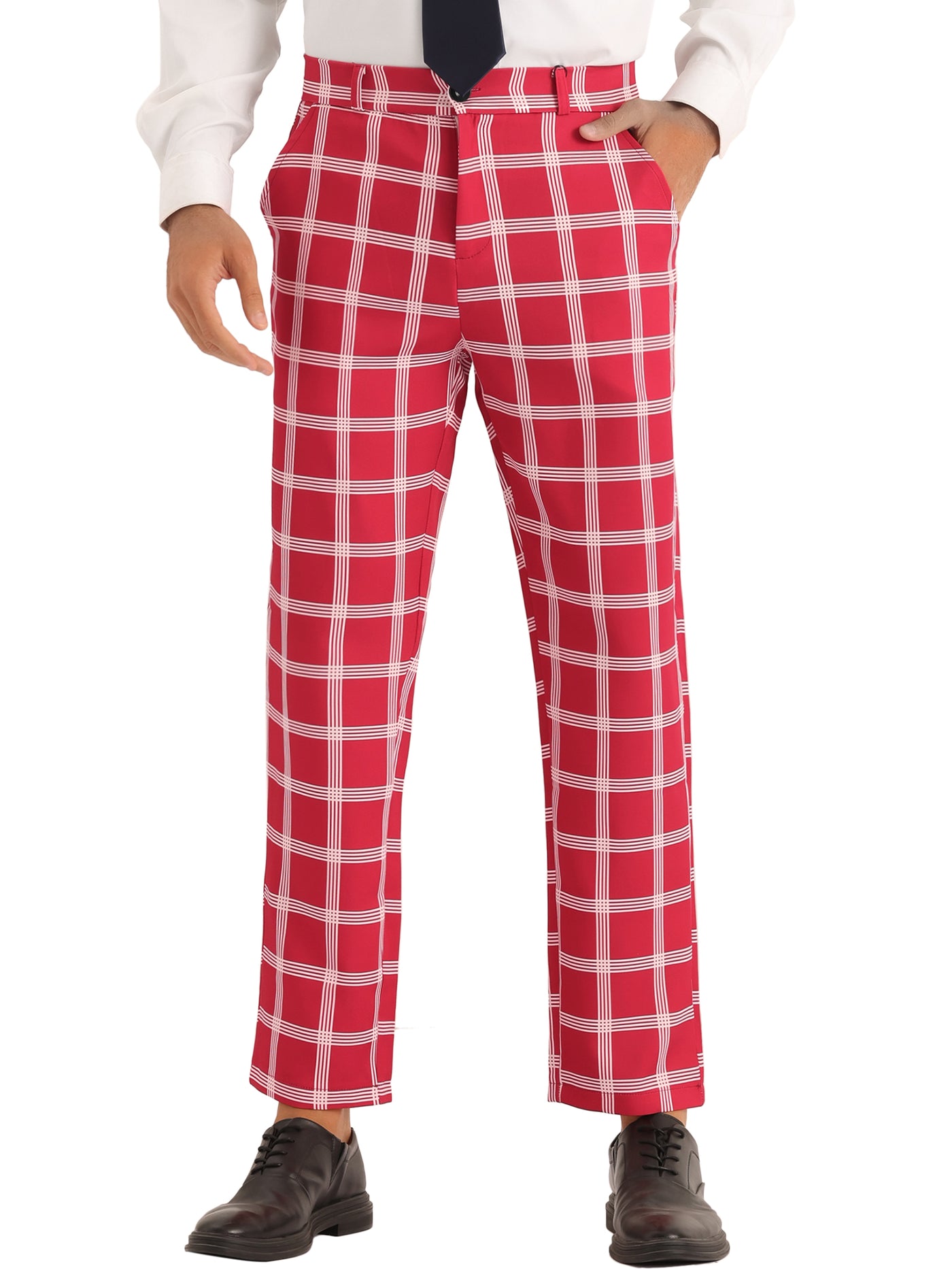 Bublédon Plaid Pattern Pants for Men's Slim Fit Flat Front Work Office Checked Trousers