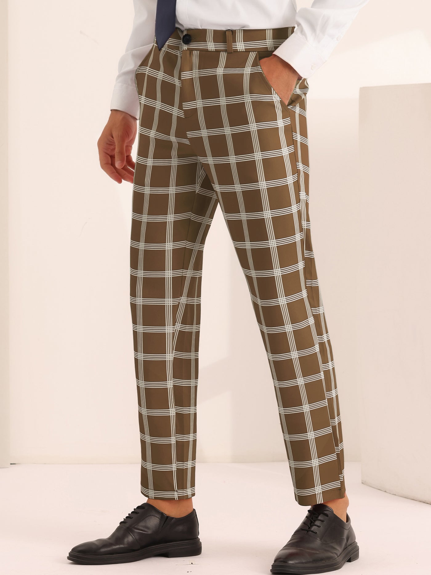 Bublédon Plaid Pattern Pants for Men's Slim Fit Flat Front Work Office Checked Trousers