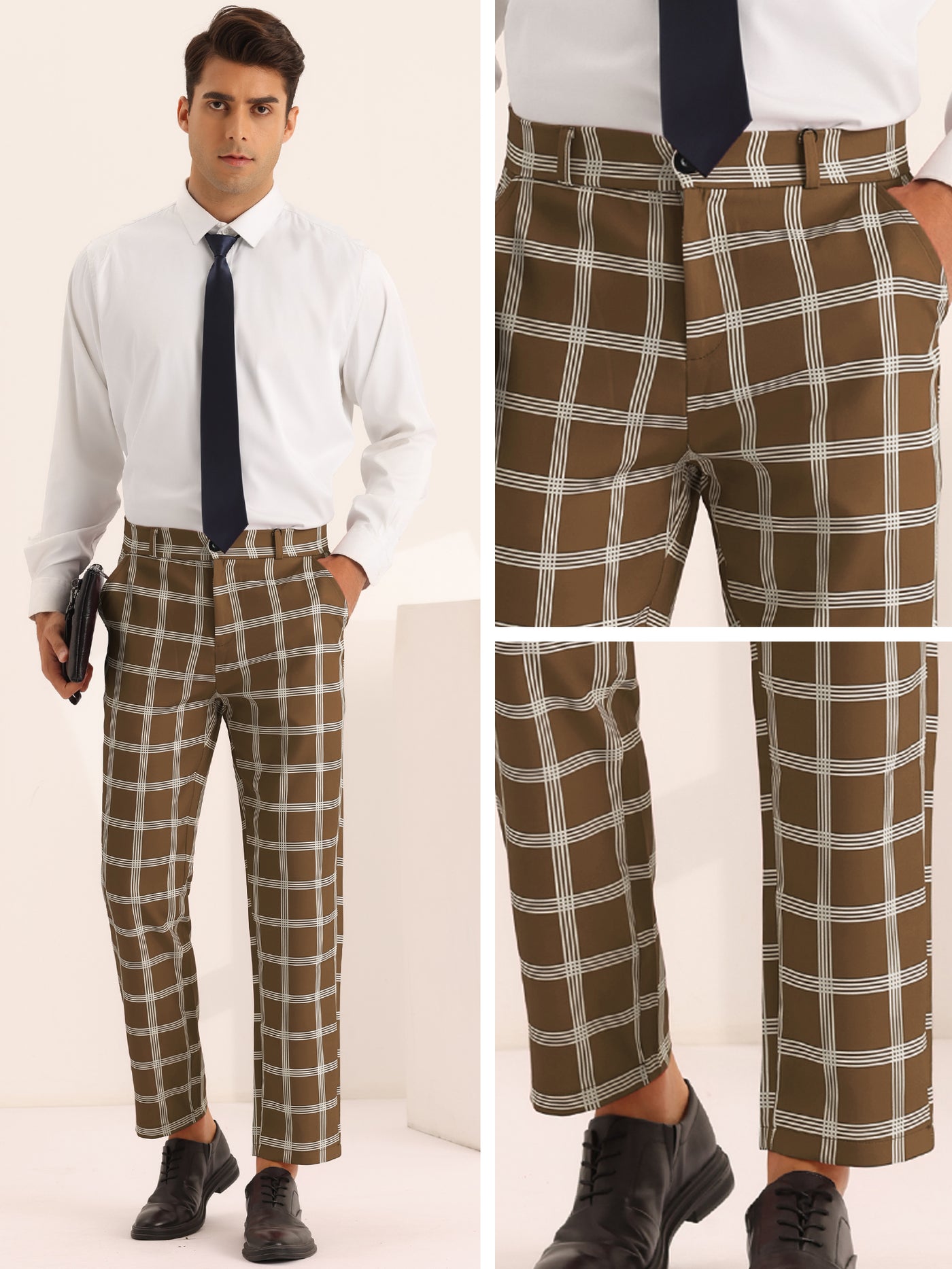 Bublédon Plaid Pattern Pants for Men's Slim Fit Flat Front Work Office Checked Trousers