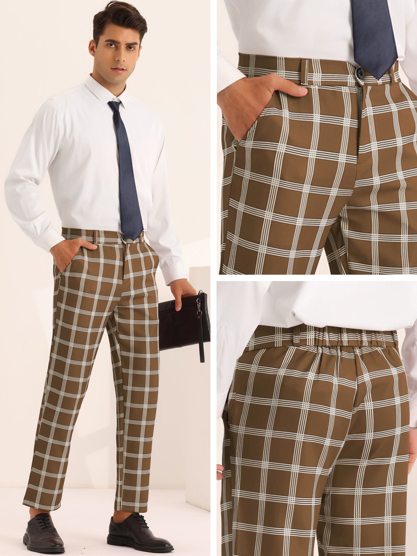 Bublédon Plaid Pattern Pants for Men's Slim Fit Flat Front Work Office Checked Trousers