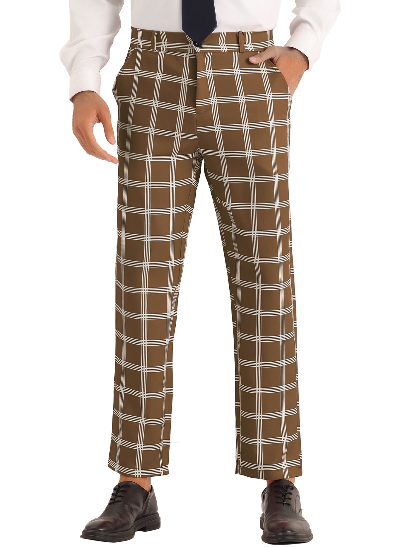 Bublédon Plaid Pattern Pants for Men's Slim Fit Flat Front Work Office Checked Trousers