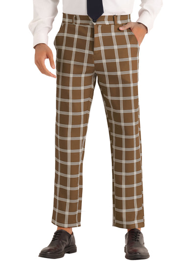 Plaid Pattern Pants for Men's Slim Fit Flat Front Work Office Checked Trousers