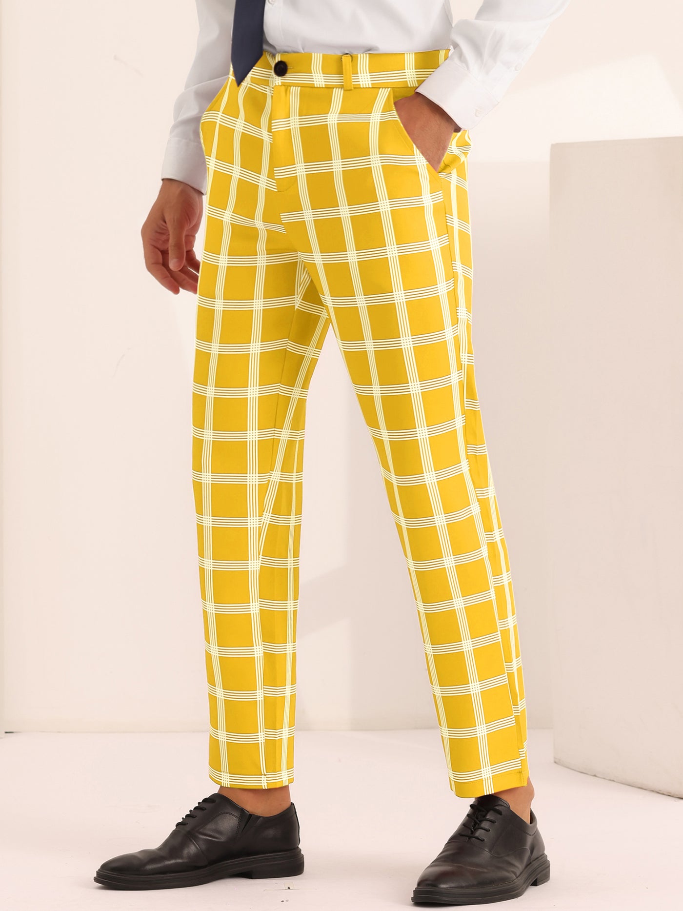 Bublédon Plaid Dress Pants for Men's Slim Fit Flat Front Checked Pattern Trousers