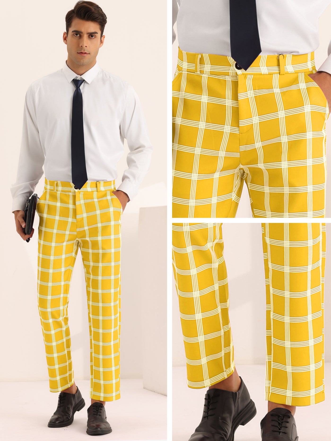 Bublédon Plaid Dress Pants for Men's Slim Fit Flat Front Checked Pattern Trousers