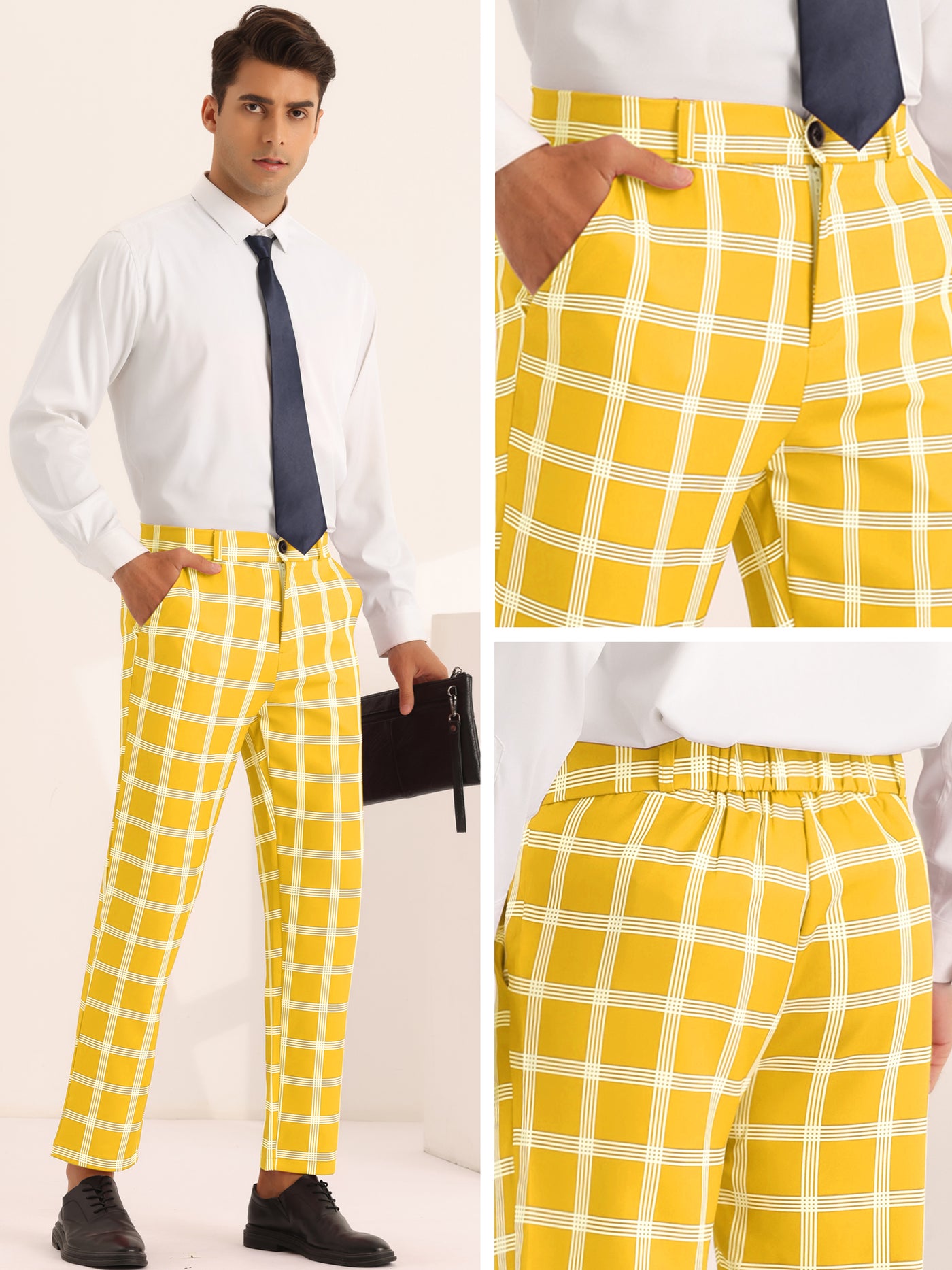 Bublédon Plaid Dress Pants for Men's Slim Fit Flat Front Checked Pattern Trousers