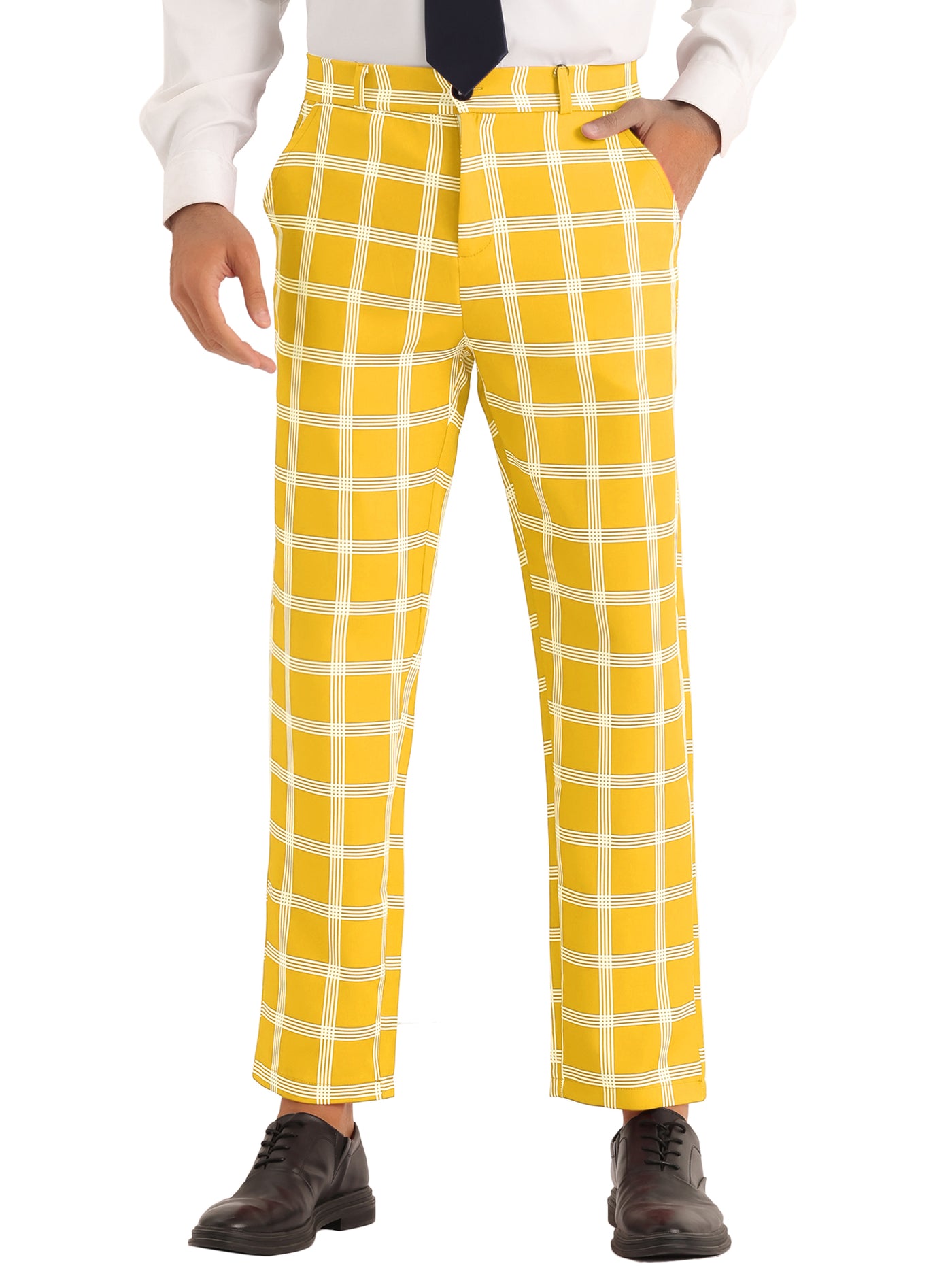 Bublédon Plaid Dress Pants for Men's Slim Fit Flat Front Checked Pattern Trousers