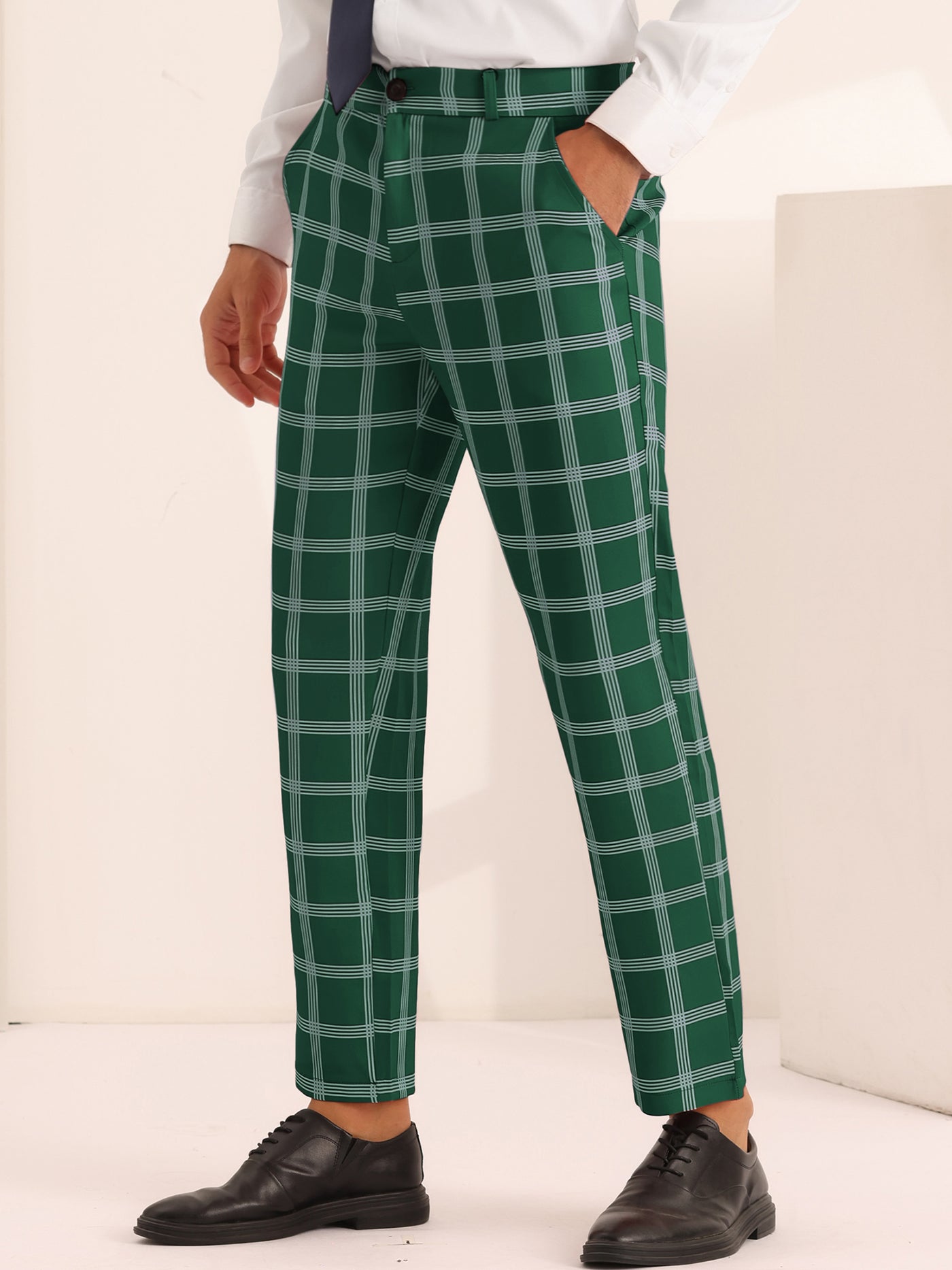 Bublédon Plaid Dress Pants for Men's Slim Fit Flat Front Checked Pattern Trousers