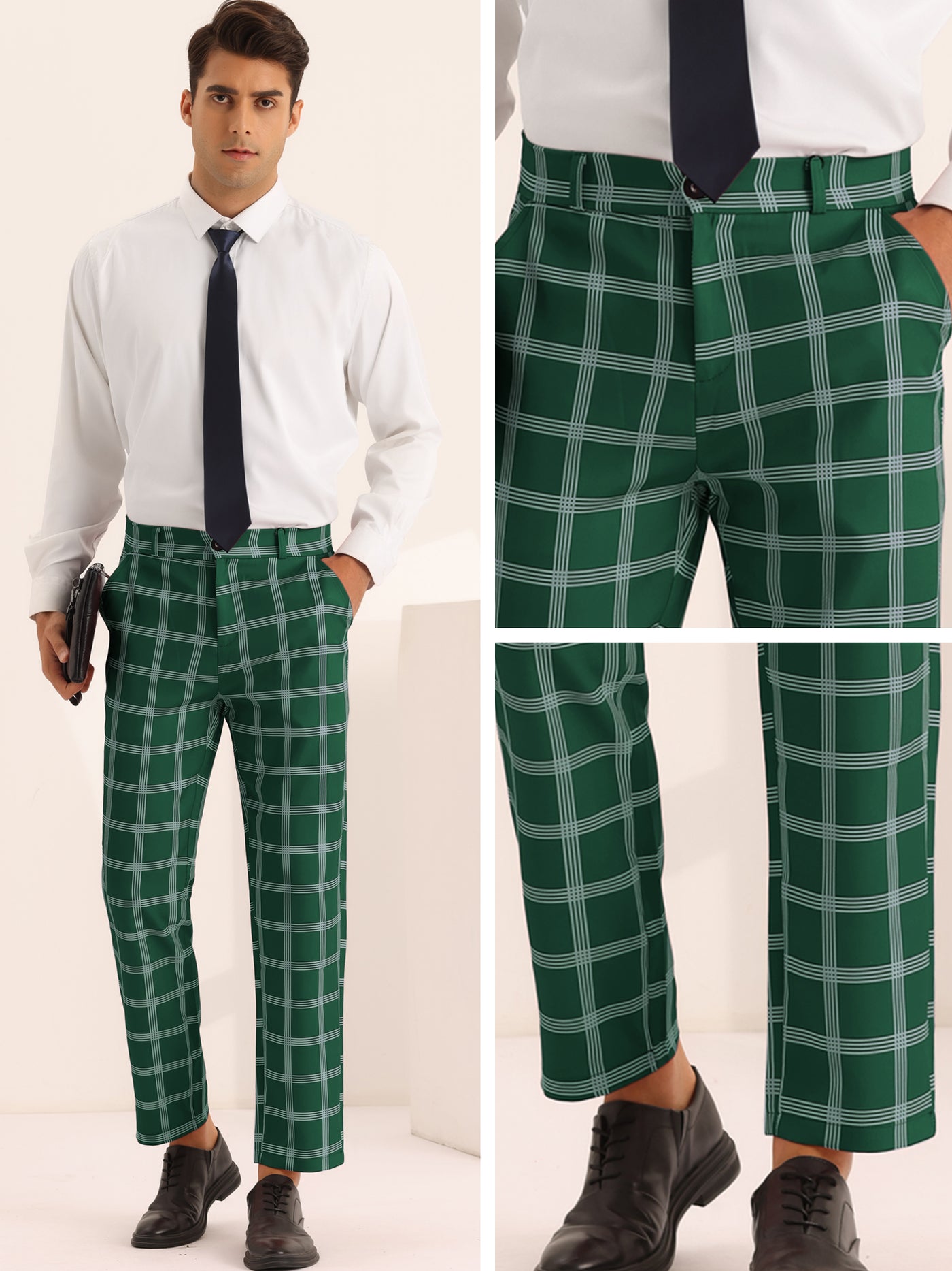 Bublédon Plaid Dress Pants for Men's Slim Fit Flat Front Checked Pattern Trousers