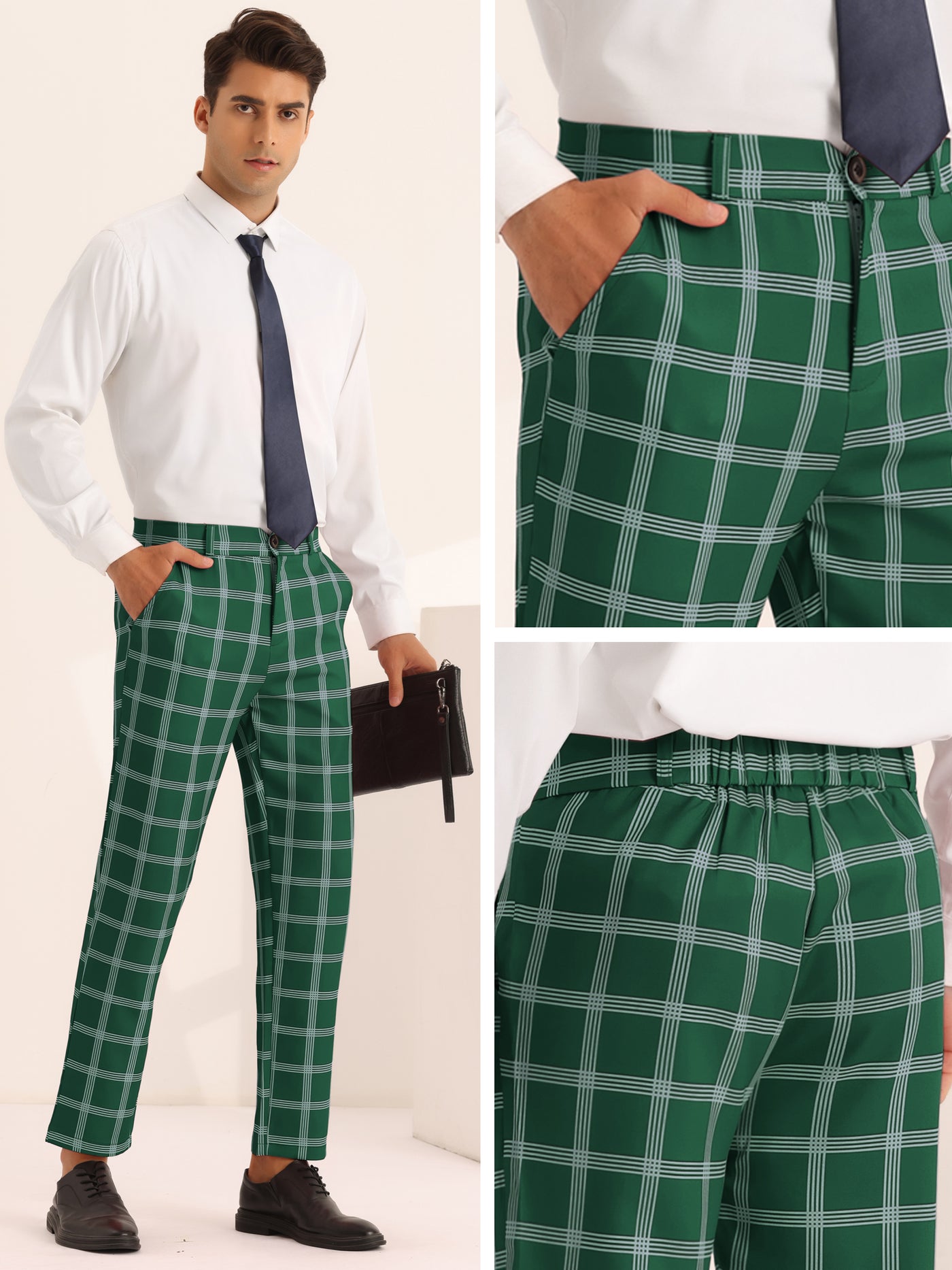 Bublédon Plaid Dress Pants for Men's Slim Fit Flat Front Checked Pattern Trousers